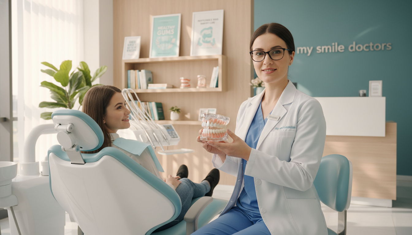 A bright and inviting dental clinic interior focusing on long-term oral health. In the foreground, a smiling dentist in professional attire examines a dental model, showcasing a set of healthy teeth. The dentist wears a white coat and glasses, exuding confidence and care. In the middle ground, a serene patient seated in a modern dental chair, looking reassured and engaged with the dentist. Background elements include shelves lined with dental health books and posters promoting oral hygiene, all under warm, soft lighting to create a welcoming atmosphere. The clinic is spotlessly clean, featuring calming colors. The brand name "my smile doctors" is subtly integrated into the decor. The image captures a commitment to excellent oral health care and patient comfort.