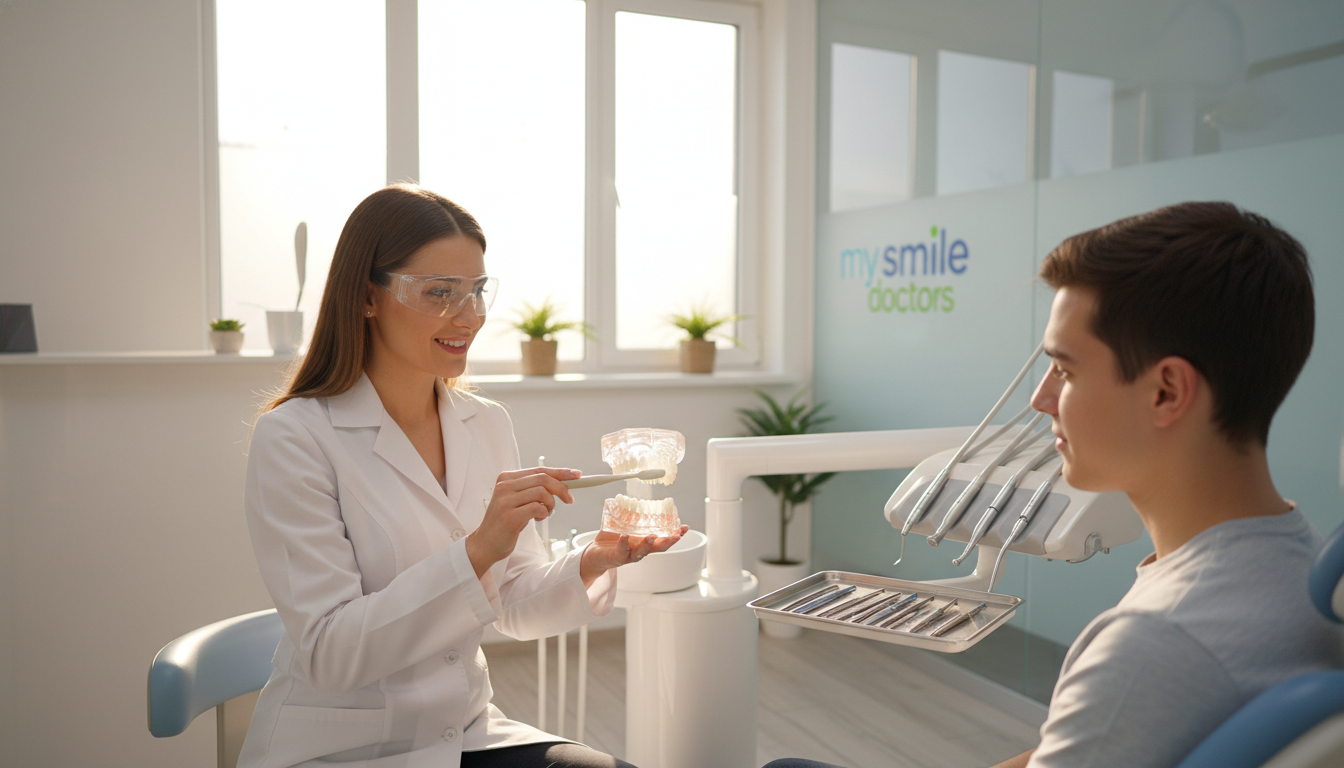 A bright and inviting dental office scene, focusing on a well-organized, professional dental workstation. In the foreground, a friendly dentist in a crisp white coat and protective eyewear demonstrates proper oral hygiene techniques with a toothbrush and dental model. The middle ground features an examination chair with a neatly arranged tray of dental tools, emphasizing preparedness and care. Soft, natural lighting streams through a large window in the background, creating a calm atmosphere that conveys trust and professionalism. Subtle green plants add a touch of freshness to the scene. The overall mood is reassuring and encouraging, promoting the importance of preventative dental care. Branding subtly displayed, "my smile doctors," enhances the environment without overwhelming it.