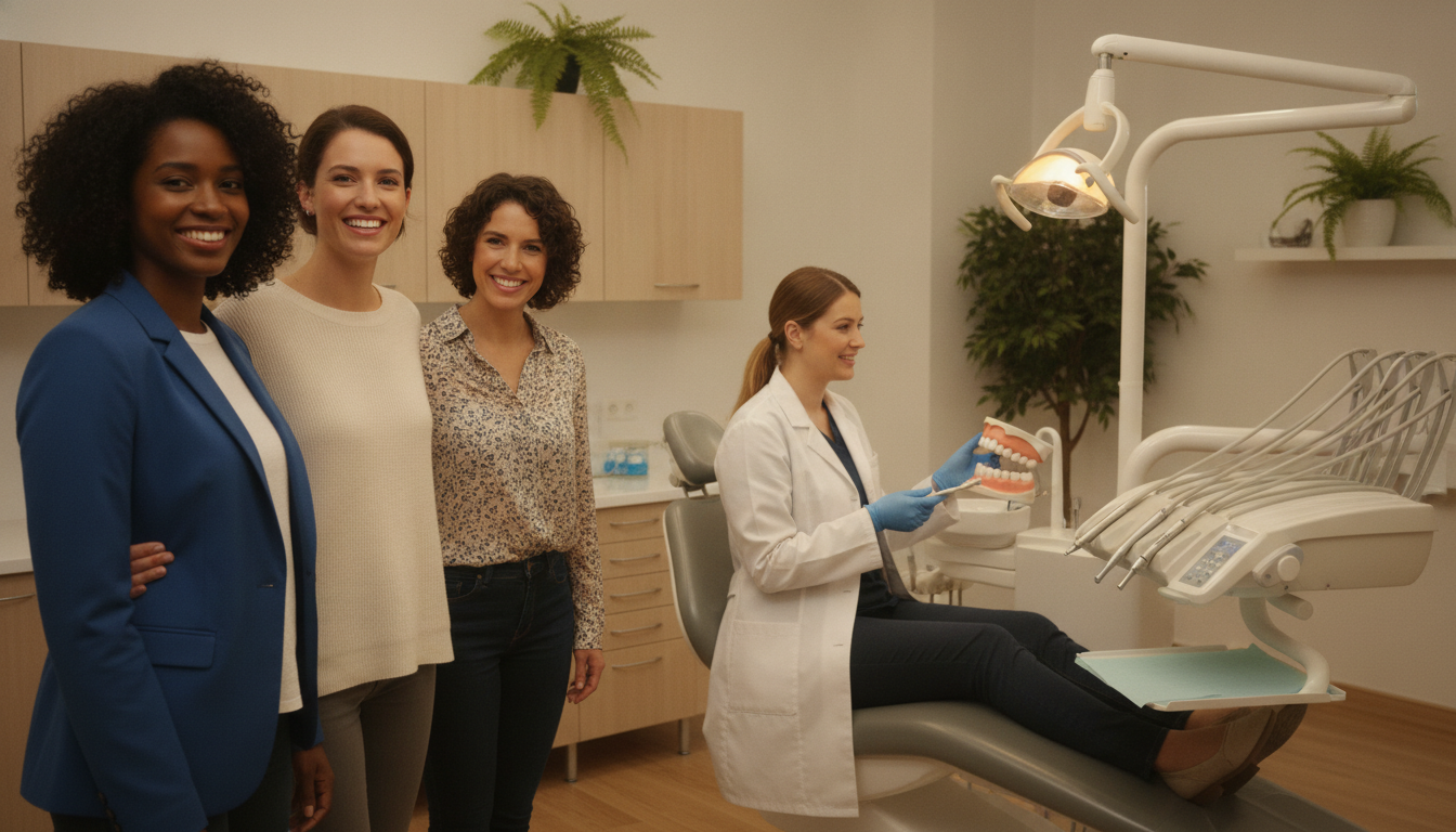 A bright and inviting dental office setting bathed in soft, warm lighting. In the foreground, a diverse group of four smiling adults, dressed in smart casual attire, are standing together with friendly expressions, showcasing their bright, radiant smiles. Their teeth shine while they exhibit confidence and happiness. In the middle ground, a dental professional, in a white coat and gloves, is providing gentle guidance about tooth care to a patient, demonstrating a friendly and approachable atmosphere. The background features modern dental equipment and soothing, light-colored walls adorned with plant decorations, enhancing the serene and welcoming environment. The overall mood is uplifting and reassuring, ideal for encouraging good dental habits. A bright and inviting dental office setting bathed in soft, warm lighting. In the foreground, a diverse group of four smiling adults, dressed in smart casual attire, are standing together with friendly expressions, showcasing their bright, radiant smiles. Their teeth shine while they exhibit confidence and happiness. In the middle ground, a dental professional, in a white coat and gloves, is providing gentle guidance about tooth care to a patient, demonstrating a friendly and approachable atmosphere. The background features modern dental equipment and soothing, light-colored walls adorned with plant decorations, enhancing the serene and welcoming environment. The overall mood is uplifting and reassuring, ideal for encouraging good dental habits.