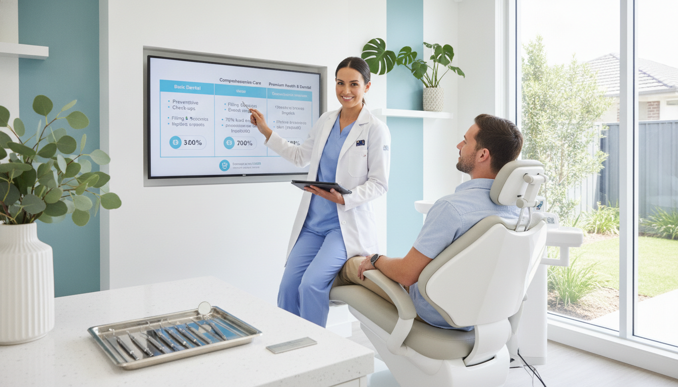 A bright and modern dental office interior, featuring a friendly dental professional in a smart, professional outfit, engaging with a patient seated in a comfortable dental chair. The foreground showcases dental tools neatly arranged on a sleek counter, glistening under soft natural lighting streaming through large windows. In the middle, display a digital screen showing comparisons of various dental plans and private health insurance options, with infographics displayed clearly and brightly. The background features calming blue and white colors, accentuated by green plants to create a welcoming atmosphere. The scene captures a sense of trust and professionalism, suggesting affordability and quality care in dental services in Australia, evoking peace of mind for potential patients. A bright and modern dental office interior, featuring a friendly dental professional in a smart, professional outfit, engaging with a patient seated in a comfortable dental chair. The foreground showcases dental tools neatly arranged on a sleek counter, glistening under soft natural lighting streaming through large windows. In the middle, display a digital screen showing comparisons of various dental plans and private health insurance options, with infographics displayed clearly and brightly. The background features calming blue and white colors, accentuated by green plants to create a welcoming atmosphere. The scene captures a sense of trust and professionalism, suggesting affordability and quality care in dental services in Australia, evoking peace of mind for potential patients.