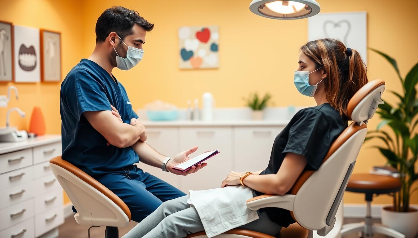 A bright, clean dental office setting focuses on a dentist gently explaining the wisdom teeth removal procedure to a patient seated in a modern dental chair. The dentist, dressed in professional scrubs and a mask, appears calm and reassuring, while the patient, in casual but modest clothing, looks attentive and relaxed. Soft, warm lighting illuminates the scene, creating an inviting atmosphere, with dental tools neatly arranged in the background on a counter. The walls feature cheerful, soothing colors with dental-themed artwork, and there are plants adding a touch of nature. The angle is slightly elevated, providing a comprehensive view of both the dentist and the patient, emphasizing the supportive environment for affordable dental care in Parramatta. A bright, clean dental office setting focuses on a dentist gently explaining the wisdom teeth removal procedure to a patient seated in a modern dental chair. The dentist, dressed in professional scrubs and a mask, appears calm and reassuring, while the patient, in casual but modest clothing, looks attentive and relaxed. Soft, warm lighting illuminates the scene, creating an inviting atmosphere, with dental tools neatly arranged in the background on a counter. The walls feature cheerful, soothing colors with dental-themed artwork, and there are plants adding a touch of nature. The angle is slightly elevated, providing a comprehensive view of both the dentist and the patient, emphasizing the supportive environment for affordable dental care in Parramatta.