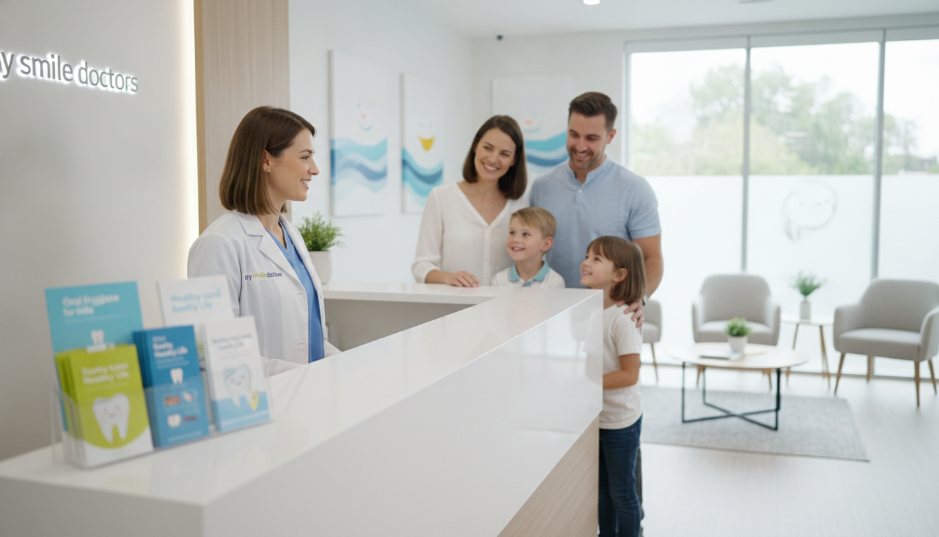 A bright, inviting dental clinic reception area in Parramatta featuring modern design elements. In the foreground, a friendly female dentist wearing professional attire stands behind a sleek reception desk, smiling warmly. She has shoulder-length brown hair and is engaged in conversation with a happy family of four, including two children. In the middle, dental brochures prominently display oral hygiene tips on the countertop. The background reveals calming artwork on the walls related to dental health, with a large window letting in natural light, creating a cheerful atmosphere. The scene conveys a sense of warmth and professionalism, reflecting the brand "my smile doctors." Use soft lighting for a welcoming mood, with a slight depth of field focusing on the reception area while slightly blurring the background. A bright, inviting dental clinic reception area in Parramatta featuring modern design elements. In the foreground, a friendly female dentist wearing professional attire stands behind a sleek reception desk, smiling warmly. She has shoulder-length brown hair and is engaged in conversation with a happy family of four, including two children. In the middle, dental brochures prominently display oral hygiene tips on the countertop. The background reveals calming artwork on the walls related to dental health, with a large window letting in natural light, creating a cheerful atmosphere. The scene conveys a sense of warmth and professionalism, reflecting the brand "my smile doctors." Use soft lighting for a welcoming mood, with a slight depth of field focusing on the reception area while slightly blurring the background.