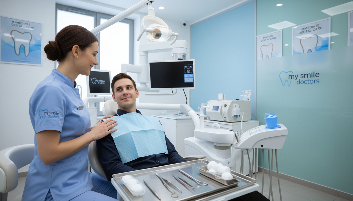 A bright, modern dental clinic interior focusing on immediate emergency care. In the foreground, a compassionate dental professional in smart attire is reassuring a patient sitting in a dental chair, both wearing protective dental bibs. Visible tools on a nearby tray include a dental mirror and forceps, hinting at urgent care. In the middle, a well-stocked dental office stands with advanced dental equipment, bright, hygiene-focused lighting illuminating the scene. The background features calming pastel colors on the walls, and emergency dental care posters. The atmosphere is professional yet warm, conveying trust and care. "my smile doctors" branding is subtly integrated into the design of the clinic. Capture the image from a slight angle to emphasize the interaction, creating depth and focus on the facial expressions.