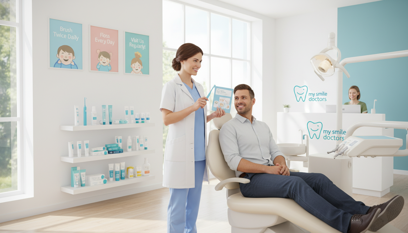 A bright, modern dental office interior, showcasing a pristine environment dedicated to long-term oral health maintenance. In the foreground, a friendly dentist in professional attire holds a toothbrush and dental care guide, smiling warmly at a patient seated in a comfortable dental chair. In the middle background, vibrant posters promoting oral health tips and a display of high-quality dental care products from "my smile doctors" are visible. The lighting is soft and inviting, with natural sunlight streaming through large windows, creating a welcoming atmosphere. The image captures a sense of trust and professionalism, emphasizing preventive dental care and the importance of maintaining a healthy smile for life.