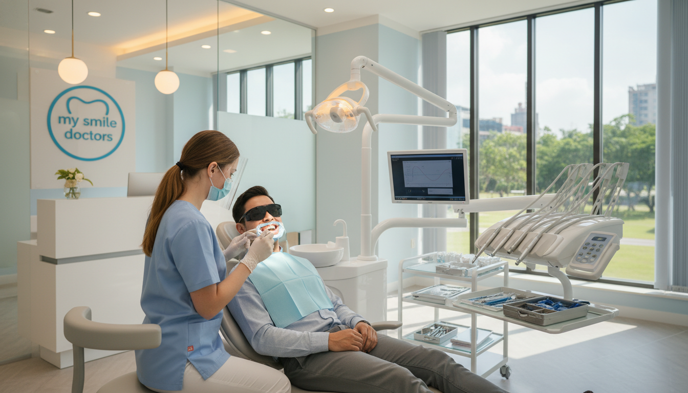 A bright, welcoming dental clinic interior showcasing a teeth whitening treatment in progress. In the foreground, a dentist in professional scrubs carefully applies a whitening gel to a patient’s teeth, who is seated comfortably in a modern dental chair. The patient is smiling, radiating confidence and comfort. The middle ground features dental equipment and a well-organized workstation, highlighting professionalism and cleanliness. The background reveals soft, ambient lighting with calming colors, creating an inviting atmosphere. Large windows let in natural light, enhancing the cheerful environment. The clinic's logo, "my smile doctors," subtly integrated into the decor. The image captures a sense of transformation and care in dental aesthetics, evoking trust and reassurance.