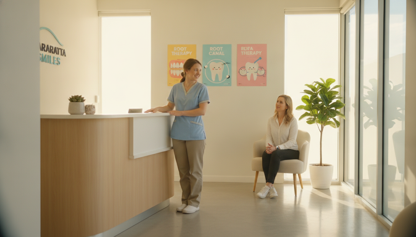 A bright, welcoming dental clinic reception area in Parramatta, Australia, depicting a friendly atmosphere. In the foreground, a professional dental assistant in modest casual clothing stands beside a welcoming reception desk, smiling warmly at a patient sitting on a comfortable chair, looking slightly nervous but reassured. In the middle ground, a colorful wall with dental posters about root canal therapy, along with a small indoor plant adding a touch of life. In the background, large windows allow natural sunlight to flood the room, creating a warm ambiance. The scene is captured with a soft-focus lens, emphasizing the warm colors and inviting details, evoking a sense of comfort and professionalism in dental care. A bright, welcoming dental clinic reception area in Parramatta, Australia, depicting a friendly atmosphere. In the foreground, a professional dental assistant in modest casual clothing stands beside a welcoming reception desk, smiling warmly at a patient sitting on a comfortable chair, looking slightly nervous but reassured. In the middle ground, a colorful wall with dental posters about root canal therapy, along with a small indoor plant adding a touch of life. In the background, large windows allow natural sunlight to flood the room, creating a warm ambiance. The scene is captured with a soft-focus lens, emphasizing the warm colors and inviting details, evoking a sense of comfort and professionalism in dental care.