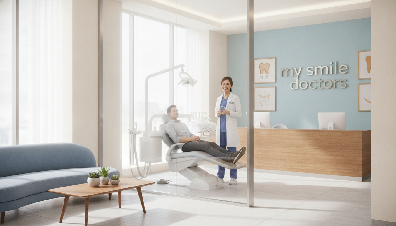 A bright, welcoming dental clinic reception area, showcasing modern design elements. In the foreground, a friendly dentist in professional attire, smiling confidently at a patient seated in a sleek dental chair. The patient looks relaxed and comfortable, illustrating a positive experience. In the middle ground, sophisticated dental equipment is visible, emphasizing professionalism. Soft, natural lighting filters through large windows, creating an inviting atmosphere. The background features calming colors, tastefully arranged dental-related artwork, and a wall displaying the brand name "my smile doctors." The overall mood is warm, friendly, and reassuring, highlighting the key attributes of a top-tier dental clinic that prioritizes patient care. A bright, welcoming dental clinic reception area, showcasing modern design elements. In the foreground, a friendly dentist in professional attire, smiling confidently at a patient seated in a sleek dental chair. The patient looks relaxed and comfortable, illustrating a positive experience. In the middle ground, sophisticated dental equipment is visible, emphasizing professionalism. Soft, natural lighting filters through large windows, creating an inviting atmosphere. The background features calming colors, tastefully arranged dental-related artwork, and a wall displaying the brand name "my smile doctors." The overall mood is warm, friendly, and reassuring, highlighting the key attributes of a top-tier dental clinic that prioritizes patient care.