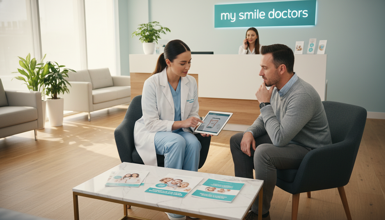 A calm and inviting dental clinic reception area focused on preparing for an emergency dental appointment. In the foreground, a dentist in professional attire is discussing a treatment plan with a patient sitting in a comfortable chair, both appearing relaxed yet attentive. In the middle, there are dental brochures displayed prominently on a sleek modern table, along with a digital tablet showing appointment details. The background features a bright and welcoming reception desk displaying the brand name "my smile doctors." Warm, natural lighting pours in from large windows, creating a soothing atmosphere. Capture this scene from a slightly elevated angle to showcase the environment's comfort and professionalism, evoking a sense of trust and reassurance for potential patients.