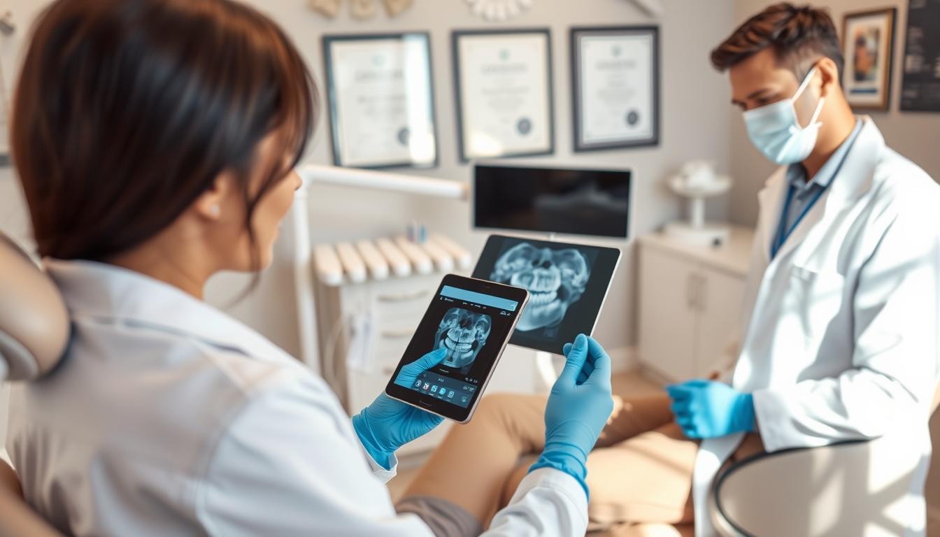 A calm and inviting dental consultation room focused on wisdom tooth removal, featuring a professional dentist in a white coat and blue gloves, consulting with a patient seated comfortably in a modern dental chair. The foreground shows the dentist reviewing digital x-rays on a tablet, while the patient listens intently, both depicted in warm, natural light. In the middle, dental tools and a bright, hygienic environment emphasize a sense of cleanliness and care. The background includes soothing colors and framed certificates on the wall, contributing to a reassuring atmosphere. The scene is shot from a slightly elevated angle, capturing the interaction while highlighting the technology and comfort in the space, conveying a sense of trust and professionalism. A calm and inviting dental consultation room focused on wisdom tooth removal, featuring a professional dentist in a white coat and blue gloves, consulting with a patient seated comfortably in a modern dental chair. The foreground shows the dentist reviewing digital x-rays on a tablet, while the patient listens intently, both depicted in warm, natural light. In the middle, dental tools and a bright, hygienic environment emphasize a sense of cleanliness and care. The background includes soothing colors and framed certificates on the wall, contributing to a reassuring atmosphere. The scene is shot from a slightly elevated angle, capturing the interaction while highlighting the technology and comfort in the space, conveying a sense of trust and professionalism.