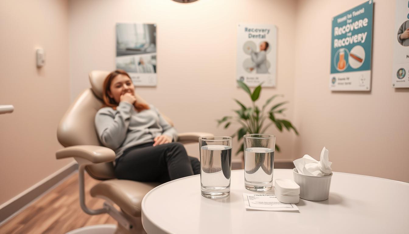 A calm and inviting dental recovery room, designed for aftercare following wisdom tooth extraction. In the foreground, a patient comfortably seated in a plush dental chair, wearing a casual but neat outfit, with a gentle expression and ice pack applied to their cheek. In the middle ground, a well-organized table displays aftercare items: a glass of water, gauze, and a set of gentle care instructions. Soft, warm lighting creates a soothing atmosphere, enhancing the feeling of comfort and care. The background features calming pastel-colored walls, a plant providing a touch of nature, and dental posters emphasizing recovery tips. The angle captures the scene from a slightly elevated viewpoint, promoting a sense of tranquility and health. A calm and inviting dental recovery room, designed for aftercare following wisdom tooth extraction. In the foreground, a patient comfortably seated in a plush dental chair, wearing a casual but neat outfit, with a gentle expression and ice pack applied to their cheek. In the middle ground, a well-organized table displays aftercare items: a glass of water, gauze, and a set of gentle care instructions. Soft, warm lighting creates a soothing atmosphere, enhancing the feeling of comfort and care. The background features calming pastel-colored walls, a plant providing a touch of nature, and dental posters emphasizing recovery tips. The angle captures the scene from a slightly elevated viewpoint, promoting a sense of tranquility and health.