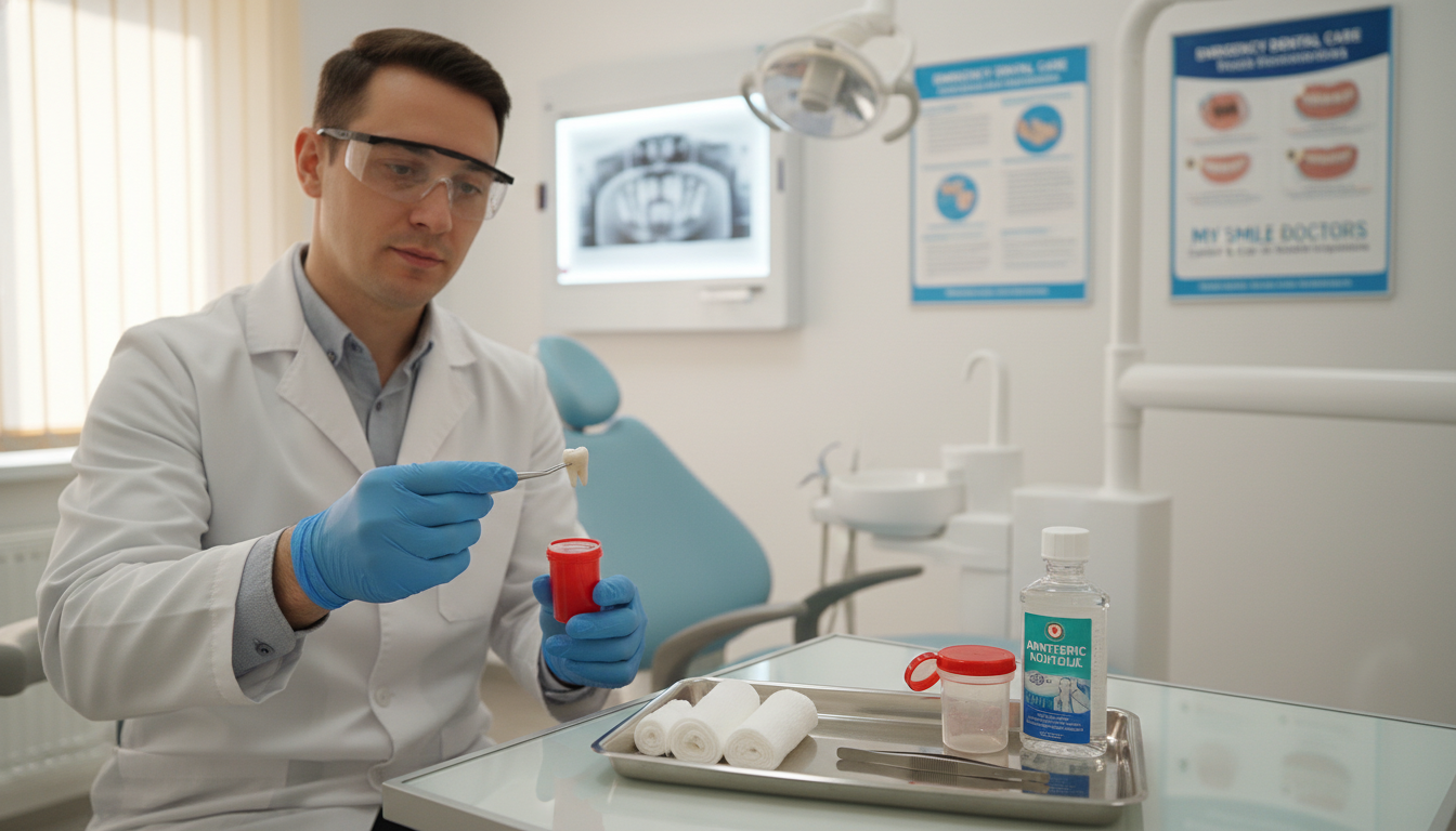 A calm, clinical setting depicting a first aid scenario for a tooth knock-out. The foreground shows a clean, well-organized dental emergency kit with essential tools such as gauze, a tooth container, and antiseptic. In the middle, a professional dentist dressed in a white lab coat, with safety gloves, is gently handling a knocked-out tooth, demonstrating first aid techniques. The background features a bright, sterile dental office with dental chairs and medical posters about emergency dental care. Soft, natural lighting illuminates the scene, creating a warm and reassuring atmosphere. The image reflects the brand "my smile doctors," emphasizing comfort and care in dental emergencies, while maintaining a professional and educational tone.