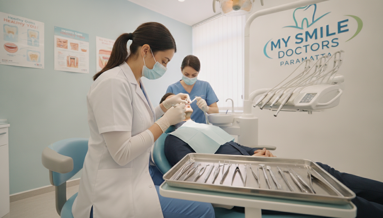 A clinical dental setting during a tooth extraction at "My Smile Doctors" in Parramatta. In the foreground, a dentist in professional attire, focused and attentive, delicately extracts a tooth from a patient comfortably reclined in a dental chair. The dentist uses precise dental tools, ensuring a safe and sterile environment. In the middle, various dental instruments are organized neatly on a tray, emphasizing professionalism and care. The background features a bright, clean dental office with posters about oral health and soothing colors, expressing a calm atmosphere. Soft, diffused lighting casts a warm glow, enhancing the sense of a reassuring and professional environment, ideal for patient comfort. The overall mood is supportive and clinical, showcasing the dental expertise available at "My Smile Doctors". A clinical dental setting during a tooth extraction at "My Smile Doctors" in Parramatta. In the foreground, a dentist in professional attire, focused and attentive, delicately extracts a tooth from a patient comfortably reclined in a dental chair. The dentist uses precise dental tools, ensuring a safe and sterile environment. In the middle, various dental instruments are organized neatly on a tray, emphasizing professionalism and care. The background features a bright, clean dental office with posters about oral health and soothing colors, expressing a calm atmosphere. Soft, diffused lighting casts a warm glow, enhancing the sense of a reassuring and professional environment, ideal for patient comfort. The overall mood is supportive and clinical, showcasing the dental expertise available at "My Smile Doctors".