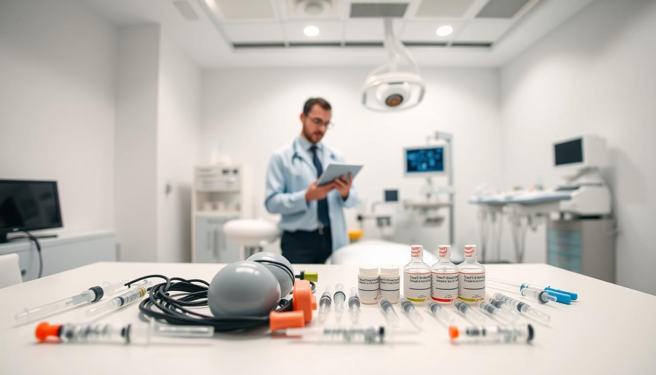 A clinical setting showcasing various anaesthesia options for dental procedures. In the foreground, a neatly arranged display of anaesthesia tools, including syringes, inhalation masks, and sedation medication, all on a sterile table. In the middle, a healthcare professional in professional attire, thoughtfully reviewing a patient’s anaesthesia choices on a digital tablet. The background features a modern dental operatory, with bright lighting, clean lines, and organized surgical equipment, creating a calm and reassuring atmosphere. Soft, even lighting emphasizes the professionalism of the environment, while the overall mood conveys safety and care, illustrating the importance of anaesthesia in the context of dental procedures. A clinical setting showcasing various anaesthesia options for dental procedures. In the foreground, a neatly arranged display of anaesthesia tools, including syringes, inhalation masks, and sedation medication, all on a sterile table. In the middle, a healthcare professional in professional attire, thoughtfully reviewing a patient’s anaesthesia choices on a digital tablet. The background features a modern dental operatory, with bright lighting, clean lines, and organized surgical equipment, creating a calm and reassuring atmosphere. Soft, even lighting emphasizes the professionalism of the environment, while the overall mood conveys safety and care, illustrating the importance of anaesthesia in the context of dental procedures.