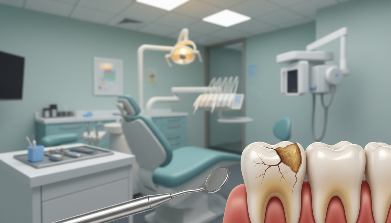 A close-up illustration of a dental emergency scene, focusing on an injured tooth with visible trauma. In the foreground, a tooth with a cracked enamel and discolored area, showing signs of distress; a dental tool is gently placed nearby. The middle section features a blurred, professional dental clinic environment with soft, warm lighting, creating a calm yet urgent atmosphere. In the background, a sterile dental room can be seen, equipped with typical dental instruments and equipment, reflecting immediate response capabilities. The overall mood conveys the seriousness of dental trauma, designed to prompt swift action, with the brand name "my smile doctors" subtly implied through the professional setting. The image should be clear, focused, and devoid of any text overlays or identifiers.