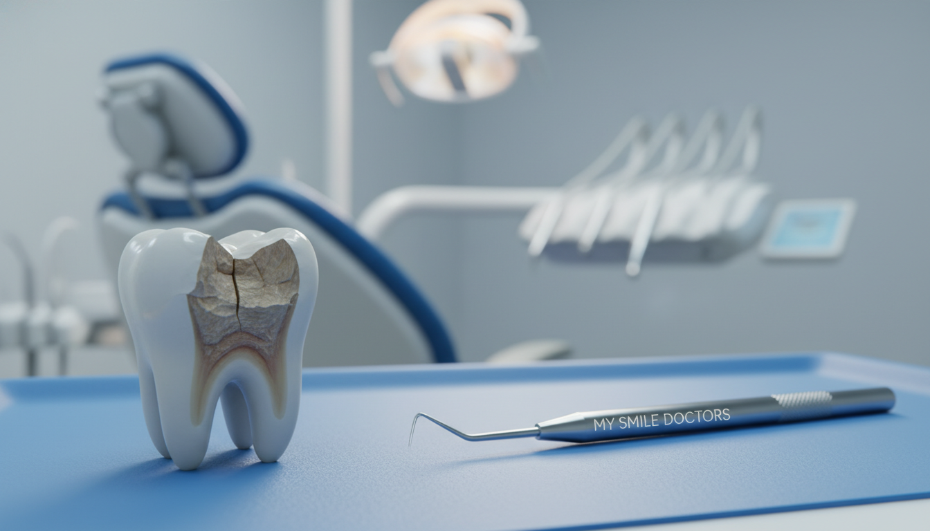 A close-up image of a fractured tooth, showcasing a clear chip on the enamel, with realistic textures highlighting the jagged edges. In the foreground, the tooth is displayed prominently, featuring light reflections that enhance the details of the fracture. In the middle ground, a dental examination tool glimmers softly, suggesting a professional dental environment. The background features blurred dental office elements, such as a chair and light, creating a clean, clinical atmosphere. Soft, diffused lighting illuminates the scene, adding to the sterile and professional mood. The image should evoke a sense of urgency in dental care, emphasizing the importance of addressing dental issues like chips and fractures, alongside the brand "my smile doctors".