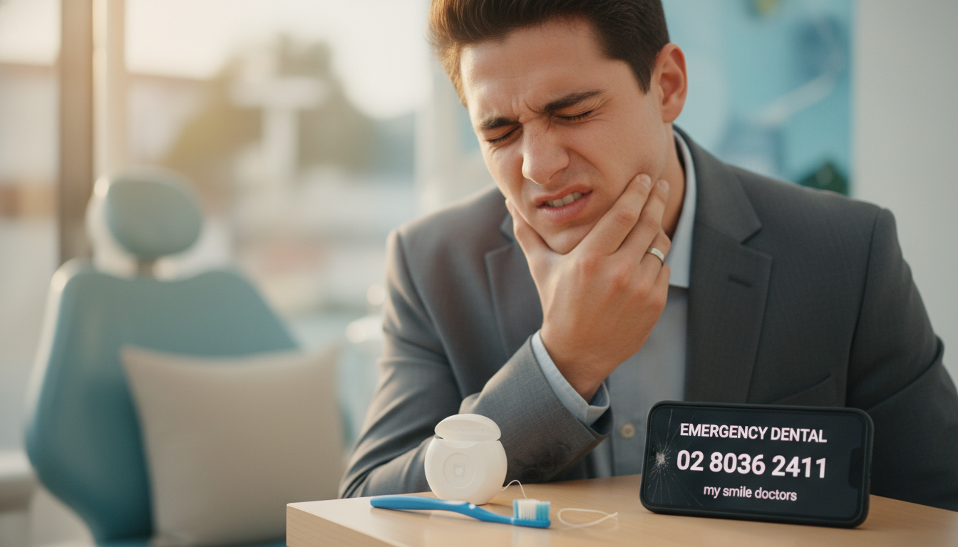 A close-up image of a person, a young adult in professional business attire, grimacing in discomfort while holding their jaw, clearly experiencing tooth pain. In the foreground, their hand is raised to their face, emphasizing the severity of the emergency. The middle ground features a calm but concerned environment with dental care items like a toothbrush, floss, and a phone displaying the number "02 8036 2411" for emergency services at "my smile doctors." The background is softly blurred, suggesting a dental office with soothing colors, creating a contrast to the person’s pain. The lighting is warm and inviting, enhancing the mood of urgency balanced with hope. Use a shallow depth of field to emphasize the subject's expression.