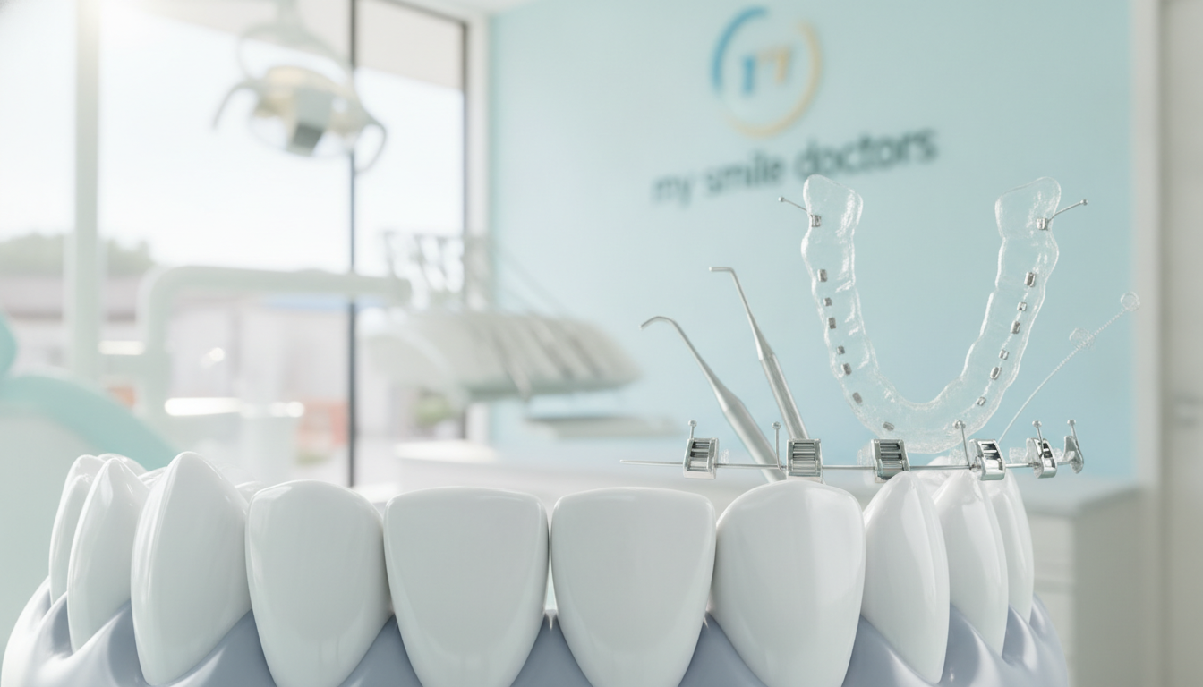 A close-up image of a set of perfectly aligned teeth, showcasing the brilliance of orthodontic care. The foreground features bright, white teeth with shiny enamel, highlighted to reflect a clean and polished look, symbolizing a confident smile. In the middle ground, subtle tools of orthodontics such as clear aligners and braces are artistically arranged, hinting at the treatment process. The background presents a softly blurred dental clinic setting in Parramatta, with soothing pastel colors and gentle lighting, creating a warm and welcoming atmosphere. The overall mood is professional yet inviting, embodying the expert care available at "my smile doctors." The image is shot from a slightly elevated angle, focused on the dental components to emphasize comfort and quality in orthodontics. A close-up image of a set of perfectly aligned teeth, showcasing the brilliance of orthodontic care. The foreground features bright, white teeth with shiny enamel, highlighted to reflect a clean and polished look, symbolizing a confident smile. In the middle ground, subtle tools of orthodontics such as clear aligners and braces are artistically arranged, hinting at the treatment process. The background presents a softly blurred dental clinic setting in Parramatta, with soothing pastel colors and gentle lighting, creating a warm and welcoming atmosphere. The overall mood is professional yet inviting, embodying the expert care available at "my smile doctors." The image is shot from a slightly elevated angle, focused on the dental components to emphasize comfort and quality in orthodontics.