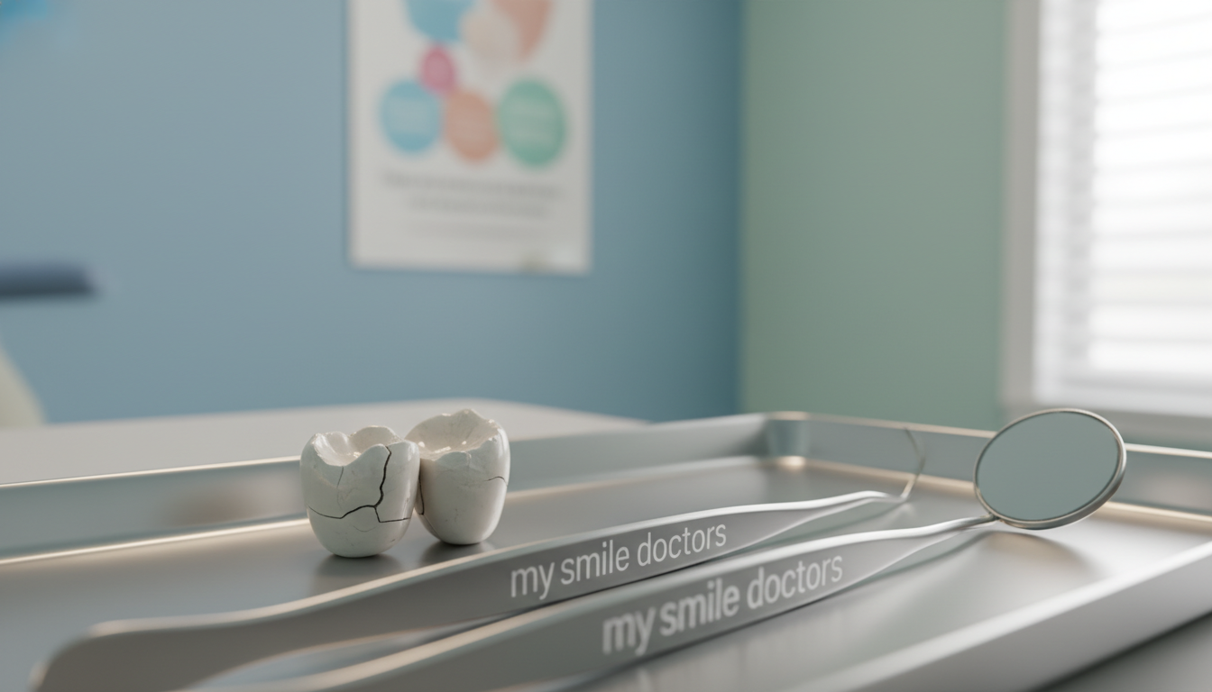 A close-up of a dental restoration crown that is visibly damaged, showcasing cracks and chips. In the foreground, the crown is placed on a clean, sterile dental tray alongside dental tools, such as forceps and a dental mirror, imparting a professional atmosphere. The middle ground features a soft-focus dental clinic interior in soothing colors, with a poster showing dental care tips subtly blurred in the background. The lighting is bright yet warm, mimicking a well-lit examination room, with a lens effect that creates a slight depth of field. The scene conveys a sense of urgency and care, highlighting the importance of prompt dental solutions. The brand "my smile doctors" is subtly reflected on the tools, emphasizing professionalism and expertise.