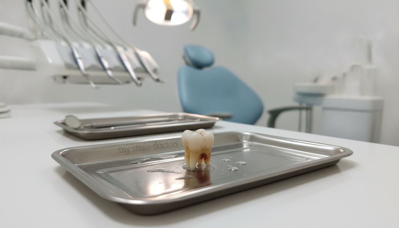 A close-up of a knocked-out tooth resting on a clean, well-lit dental tray in a modern dental office. The tooth is vividly detailed, showing its natural enamel texture and slight imperfections, surrounded by a sterile environment. In the background, healthful dental tools and a reassuring dental chair are softly blurred, creating an atmosphere of professionalism and care. The lighting is bright and clinical, highlighting the tooth while casting gentle shadows that emphasize its shape. The scene conveys a sense of urgency yet tranquility, perfect for an emergency dental service setting. A subtle branding element showing "my smile doctors" is integrated into the dental tray design, ensuring a cohesive visual without overwhelming the primary subject. A close-up of a knocked-out tooth resting on a clean, well-lit dental tray in a modern dental office. The tooth is vividly detailed, showing its natural enamel texture and slight imperfections, surrounded by a sterile environment. In the background, healthful dental tools and a reassuring dental chair are softly blurred, creating an atmosphere of professionalism and care. The lighting is bright and clinical, highlighting the tooth while casting gentle shadows that emphasize its shape. The scene conveys a sense of urgency yet tranquility, perfect for an emergency dental service setting. A subtle branding element showing "my smile doctors" is integrated into the dental tray design, ensuring a cohesive visual without overwhelming the primary subject.