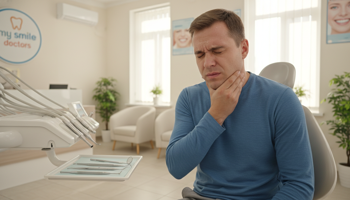 A close-up of a person clutching their jaw in distress, conveying sharp tooth pain. The individual, dressed in modest casual clothing, appears worried and uncomfortable, with sweat on their forehead to emphasize the urgency of the situation. The foreground contains a dental examination chair with dental tools placed neatly beside it, highlighting the context of dental care. In the middle ground, a soothing environment of a modern dental clinic is visible, with soft, natural lighting casting a warm glow that contrasts the tension of the facial expression. The background features calming dental posters and potted plants, creating an atmosphere of professionalism. On the wall, partially obscured but clearly visible, is a logo reading "my smile doctors." The mood blends urgency with a sense of hope for resolution through prompt intervention.