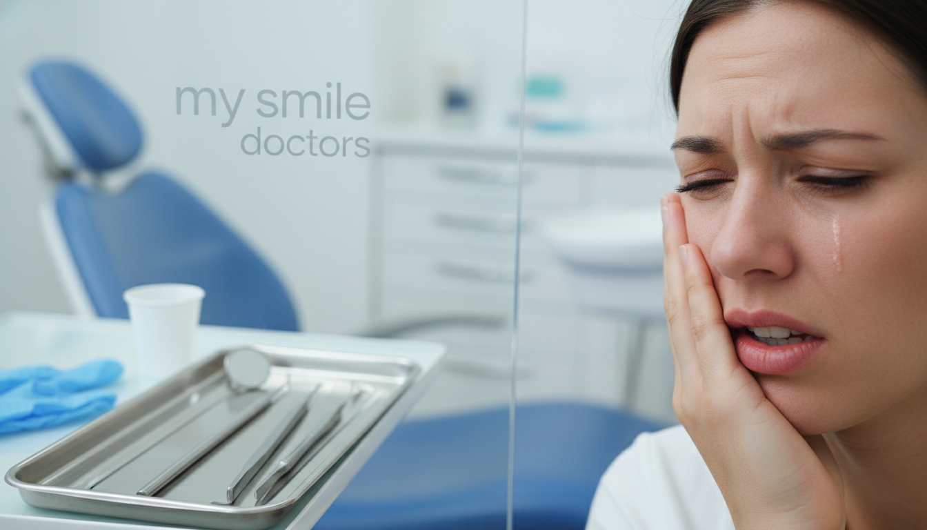 A close-up of a person holding their jaw in distress, symbolizing severe tooth pain. The foreground features their expression, showing a mix of discomfort and concern, with fingers pressing against the cheek. In the middle, a dental clinic setting is illustrated, with tools like an oral mirror and dental pick neatly arranged on a nearby counter. The background showcases a bright, sterile environment common to dental offices, with soft lighting illuminating the scene. Use a shallow depth of field to keep the focus on the person's expression, creating an empathetic mood. The overall atmosphere should feel urgent yet professional, evoking a need for immediate dental care. Include a subtle branding element of "my smile doctors" in the clinic setting without detracting from the central theme.