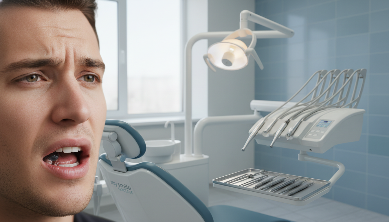 A close-up of a person's face showing discomfort due to a severe toothache infection, with a concerned expression. The foreground features the individual's mouth slightly open, revealing inflamed gums and a tooth that appears infected. In the middle ground, there is a dental clinic setting with a hygienic environment; tools neatly arranged on a counter, and an illuminated dental chair. Soft, natural lighting enhances the focus on the subject's pain while casting gentle shadows. The background features muted tones, evoking a calm yet serious atmosphere, ideal for a dental emergency situation. Incorporate a subtly placed logo of "my smile doctors" on the dental equipment. Emphasize cleanliness and professionalism throughout the scene.