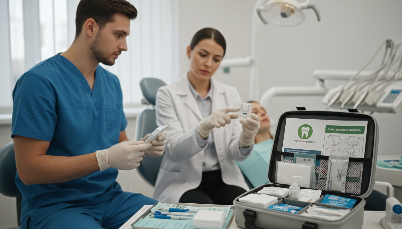 A close-up scene depicting immediate first aid for dental trauma. Foreground features a well-organized first aid kit, with dental care items such as gauze, antiseptic wipes, and a dental emergency instruction pamphlet prominently displayed. In the middle, a set of professional business attire-clad medical personnel, a dentist and a dental assistant, demonstrating proper techniques for treating a dental injury, showing focused expressions. The background includes a clean, well-lit dental office with a dental chair and supportive equipment to create a medical atmosphere. Soft, natural lighting casts gentle shadows, enhancing the sense of urgency and professionalism. The brand "my smile doctors" is subtly integrated into the scene with a logo on the first aid kit. The overall mood is one of calm and assurance, indicating readiness to help.