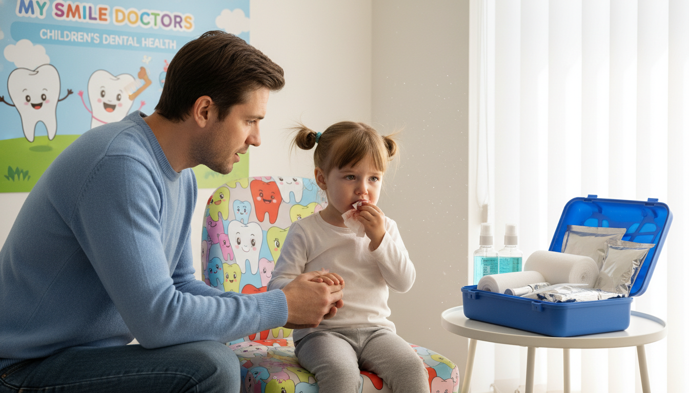 A close-up scene of a first aid response for a knocked-out tooth, featuring a concerned parent and a child sitting in a bright, welcoming dental clinic. The parent, dressed in modest casual clothing, gently holds the child's hand, while the child, showcasing a slightly distressed expression, has a missing tooth and a small, blood-stained tissue placed carefully near their mouth. The background highlights a colorful dental care chart and soft, natural light filtering through a window, creating a calm atmosphere. A first aid kit with dental supplies, like gauze and a cold pack, is placed on a nearby table. The scene embodies empathy and urgency, showcasing "my smile doctors" commitment to children's dental health.