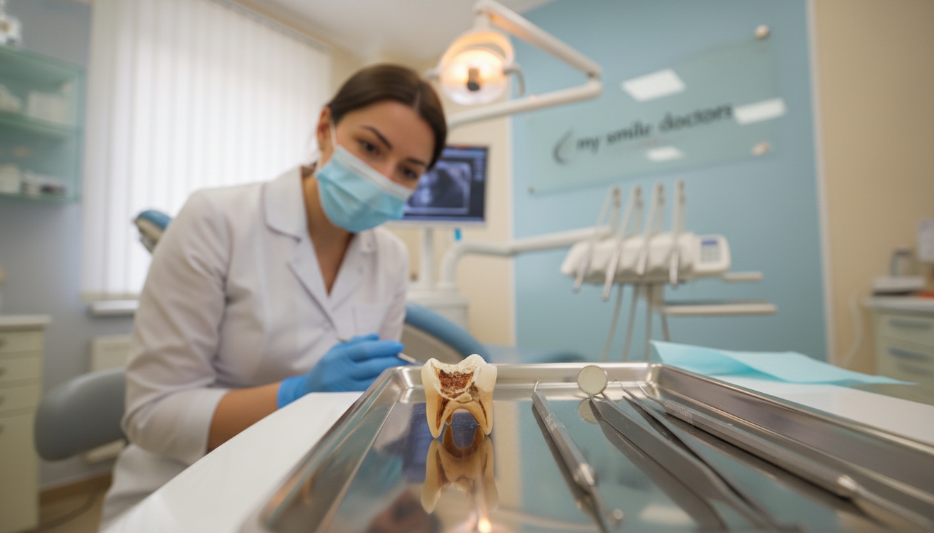 A close-up view of a broken tooth in a dental setting, meticulously detailed to highlight the fracture lines and uneven surfaces. The foreground features a single broken tooth placed on a clean dental tray with dental tools in soft focus. In the middle, a dental hygienist in a white lab coat, wearing gloves and a mask, is observing the tooth, emphasizing the sense of care and professionalism. The background displays a well-lit dental office with soft, calming colors that convey a reassuring atmosphere. The lighting is warm and diffuse, creating a friendly and inviting mood. The brand "my smile doctors" subtly integrated into the scene, ensuring the focus remains on the dental issue.