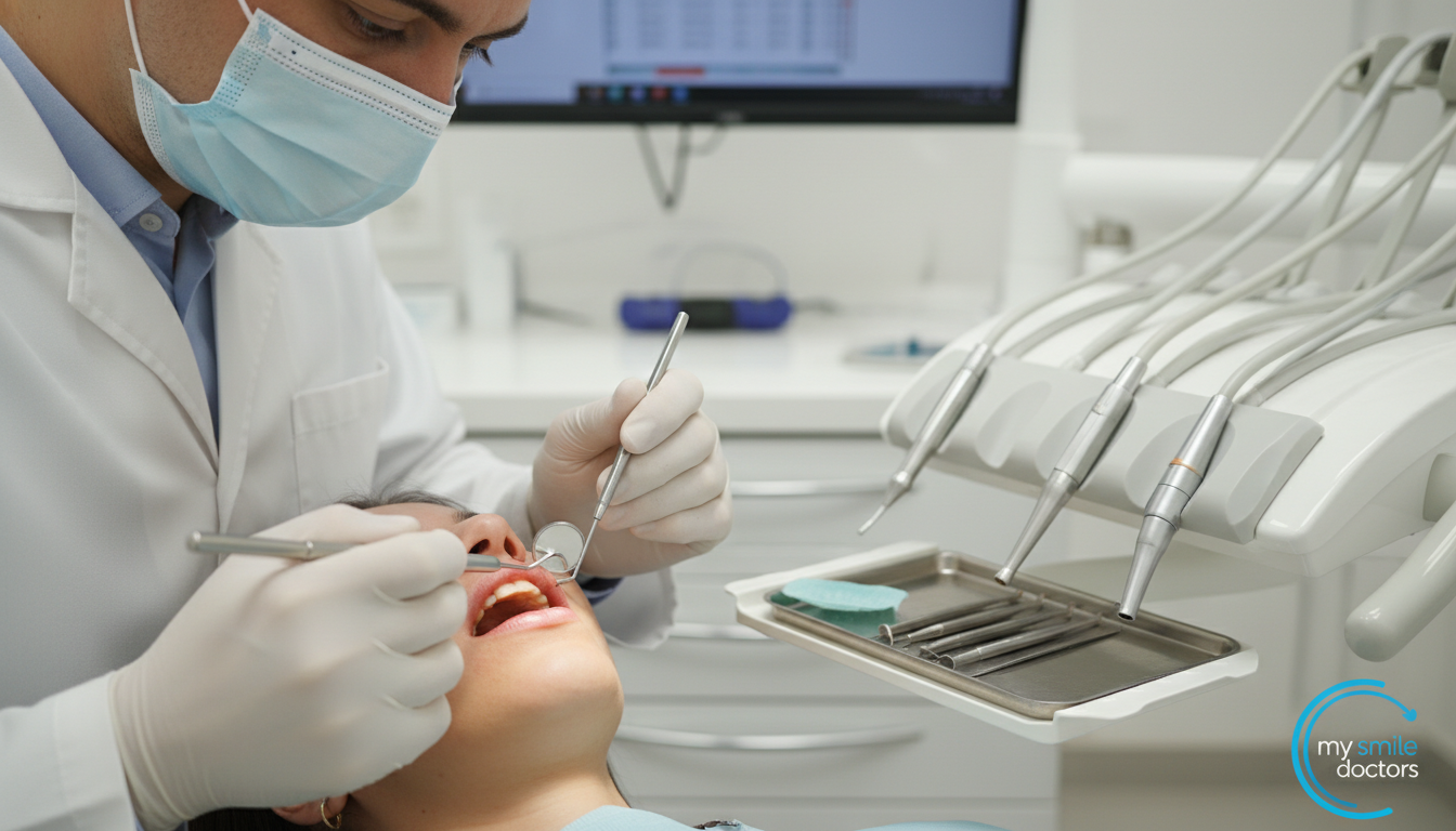 A close-up view of a dental examination showing a professional dentist in a white coat examining a patient’s gums for signs of gum disease. The foreground features the patient's mouth open slightly, revealing inflamed gums with some redness and swelling, highlighting the early warning signs of gum infection. The dentist, wearing a face mask, uses a dental mirror and probe with focused intent. In the background, a sterile dental office is visible, with dental tools and equipment arranged neatly on a counter. Soft, diffused lighting creates a clinical yet calm atmosphere, emphasizing the importance of oral health. Include the logo for "my smile doctors" subtly placed on a nearby dental chart.