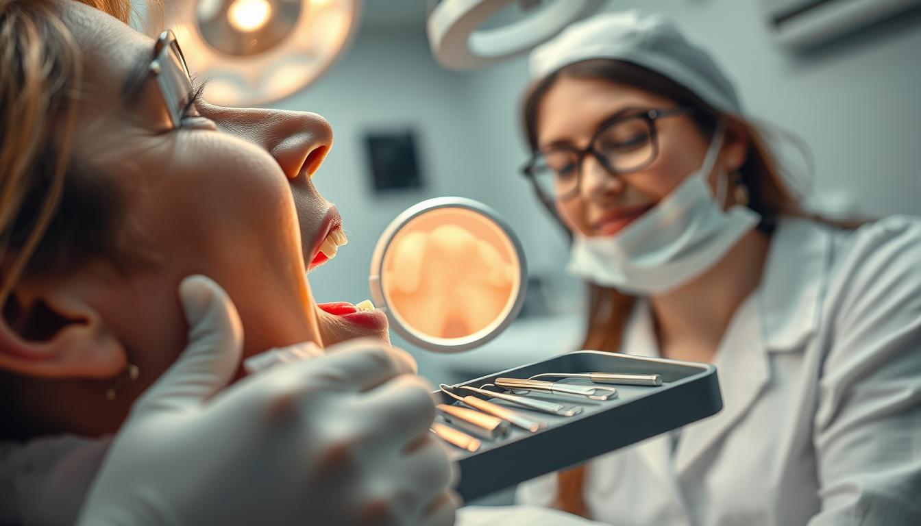A close-up view of a dental office with a focus on a delicate surgical area following wisdom tooth removal. In the foreground, a skilled dentist, wearing a white coat and protective gloves, examines a patient’s mouth with an illuminated dental mirror, showing signs of mild inflammation. In the middle, a detailed tray of dental tools, like forceps and scalpel, reflects the surgical context. The background features a well-organized dental office with soft, diffused lighting creating a calm atmosphere. The angle is slightly tilted to emphasize the dentist's careful examination and the patient’s attentive expression, conveying professionalism and concern. The overall mood is clinical yet reassuring, highlighting the importance of recognizing infection signs post-surgery. A close-up view of a dental office with a focus on a delicate surgical area following wisdom tooth removal. In the foreground, a skilled dentist, wearing a white coat and protective gloves, examines a patient’s mouth with an illuminated dental mirror, showing signs of mild inflammation. In the middle, a detailed tray of dental tools, like forceps and scalpel, reflects the surgical context. The background features a well-organized dental office with soft, diffused lighting creating a calm atmosphere. The angle is slightly tilted to emphasize the dentist's careful examination and the patient’s attentive expression, conveying professionalism and concern. The overall mood is clinical yet reassuring, highlighting the importance of recognizing infection signs post-surgery.