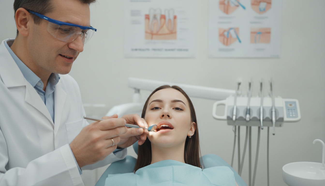 A close-up view of a dentist in a bright, hygienic dental office, examining a patient’s gums to demonstrate protecting them from disease. The foreground features the dentist, a middle-aged professional in a white coat and protective eyewear, using a dental mirror to inspect the patient’s gums. In the middle, the patient reclines in a dental chair, looking relaxed and reassured. The background is filled with dental tools and posters illustrating gum health. Soft, diffuse lighting enhances the clean, clinical atmosphere, emphasizing professionalism and care. The overall mood is focused and informative, conveying a sense of trust and the importance of gum protection in oral hygiene. A close-up view of a dentist in a bright, hygienic dental office, examining a patient’s gums to demonstrate protecting them from disease. The foreground features the dentist, a middle-aged professional in a white coat and protective eyewear, using a dental mirror to inspect the patient’s gums. In the middle, the patient reclines in a dental chair, looking relaxed and reassured. The background is filled with dental tools and posters illustrating gum health. Soft, diffuse lighting enhances the clean, clinical atmosphere, emphasizing professionalism and care. The overall mood is focused and informative, conveying a sense of trust and the importance of gum protection in oral hygiene.