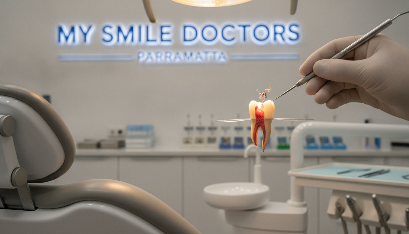 A close-up view of a dentist's hand holding a dental tool, meticulously performing root canal treatment on a human tooth. The foreground features an illuminated dental chair, with a dental lamp casting a warm white light, creating a sterile and professional atmosphere. In the middle ground, the tooth is displayed prominently in high detail, revealing the infected pulp and bacteria being carefully extracted. The background showcases a modern dental office, with clean, organized tools and equipment. The scene is designed to convey a sense of comfort and care, emphasizing the expertise at "my smile doctors" in Parramatta. The lighting should highlight the intricate details of the procedure, focusing on precision and professionalism, evoking trust and reassurance. A close-up view of a dentist's hand holding a dental tool, meticulously performing root canal treatment on a human tooth. The foreground features an illuminated dental chair, with a dental lamp casting a warm white light, creating a sterile and professional atmosphere. In the middle ground, the tooth is displayed prominently in high detail, revealing the infected pulp and bacteria being carefully extracted. The background showcases a modern dental office, with clean, organized tools and equipment. The scene is designed to convey a sense of comfort and care, emphasizing the expertise at "my smile doctors" in Parramatta. The lighting should highlight the intricate details of the procedure, focusing on precision and professionalism, evoking trust and reassurance.