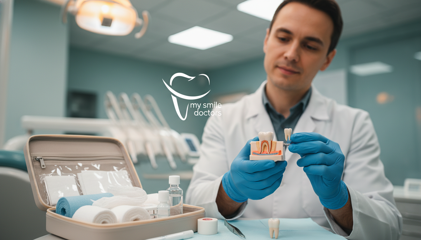 A close-up view of a first aid scene focused on tooth trauma. The foreground features a dental first aid kit open, with bandages, a pair of tweezers, and a tooth model to illustrate urgent care techniques. In the middle ground, a person in professional attire (white coat and gloves) gently holds a tooth model, demonstrating proper care methods for a knocked-out tooth. They are positioned slightly off-center to create dynamic composition. The background is a softly blurred dental office, with warm lighting and calming colors, enhancing a reassuring atmosphere. The image conveys a sense of urgency but also hope, with the brand name "my smile doctors" subtly incorporated into the design without text.