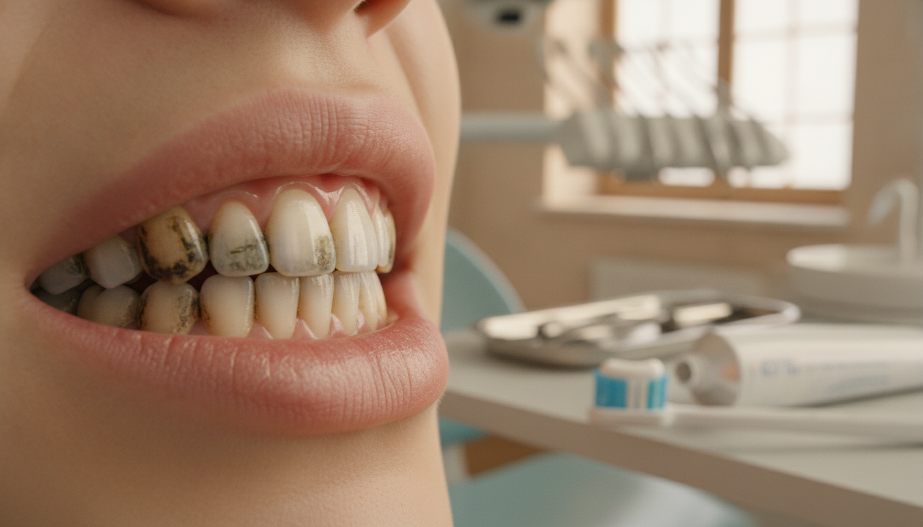 A close-up view of a human mouth showcasing stained and discolored teeth, emphasizing the contrast between unhealthy and healthy enamel. The foreground highlights a set of teeth with varying shades of yellow and brown, illustrating common causes of tooth discoloration like coffee stains, smoking, or specific foods. The middle ground includes a toothbrush and whitening toothpaste, symbolizing potential solutions, while the background features a softly blurred dental office setting, infused with warm, subtle lighting to create a professional and inviting atmosphere. The angle is slightly tilted to draw attention to the teeth, and the image evokes a sense of concern blended with hope for brighter, healthier smiles. A close-up view of a human mouth showcasing stained and discolored teeth, emphasizing the contrast between unhealthy and healthy enamel. The foreground highlights a set of teeth with varying shades of yellow and brown, illustrating common causes of tooth discoloration like coffee stains, smoking, or specific foods. The middle ground includes a toothbrush and whitening toothpaste, symbolizing potential solutions, while the background features a softly blurred dental office setting, infused with warm, subtle lighting to create a professional and inviting atmosphere. The angle is slightly tilted to draw attention to the teeth, and the image evokes a sense of concern blended with hope for brighter, healthier smiles.