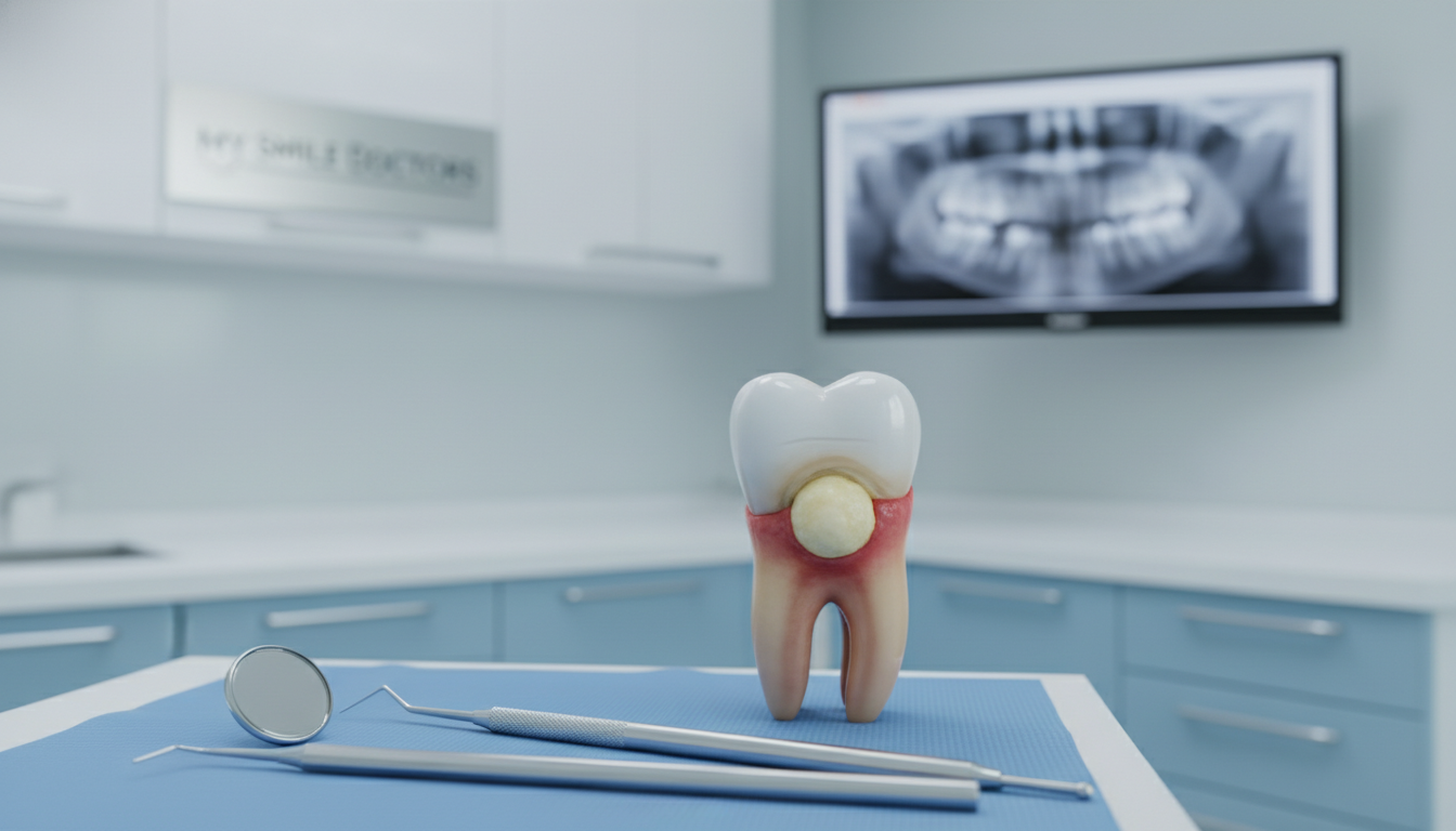 A close-up view of a human tooth affected by a dental abscess, showcasing the painful swelling and redness around the gum area. In the foreground, focus on the tooth, emphasizing details like the glossy enamel, a yellowish pus-filled pocket at the base, and surrounding inflamed tissue. The middle layer should include dental tools like a mirror and probe, arranged neatly on a sterile blue cloth, symbolizing an emergency dental setting. The background features a bright, modern dental office with soft lighting, conveying a sense of urgency and professionalism. The mood is serious yet hopeful, indicating the importance of immediate treatment. Include a subtle branding element for "my smile doctors" within the dental office setting, ensuring a clean and professional appearance.