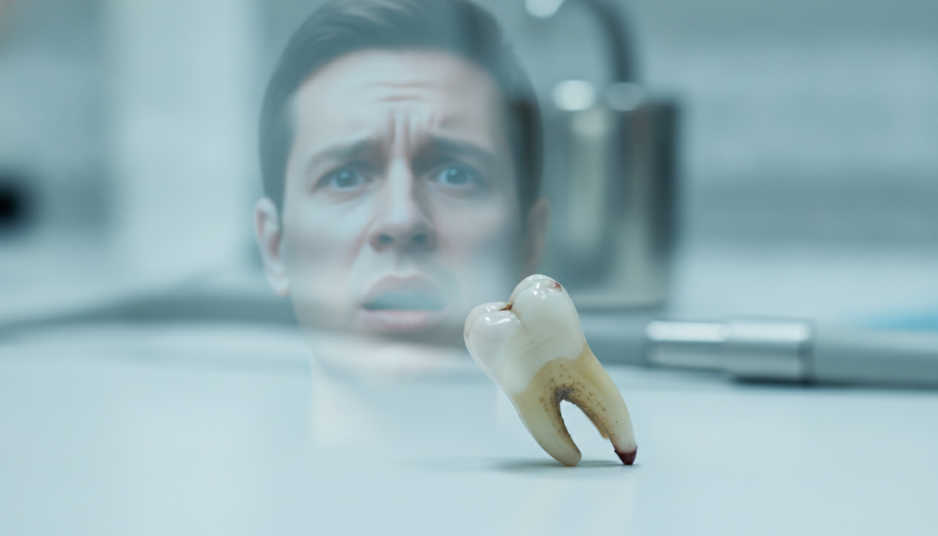 A close-up view of a knocked-out adult tooth, prominently displayed in the foreground, lying on a clean white surface. The tooth is positioned at an angle that highlights its smooth enamel and root structure, showcasing the impact of the injury. In the middle ground, there’s a faint outline of a worried face, partially visible, as if in shock or concern, but without any identifiable features for privacy. The background is softly blurred, evoking a clinical dental office setting with abstract shapes that suggest medical tools and equipment, creating a sense of urgency. Soft, diffused lighting illuminates the scene, with a cool color palette to convey seriousness and immediacy. The mood is tense yet professional, emphasizing the need for immediate dental care. A close-up view of a knocked-out adult tooth, prominently displayed in the foreground, lying on a clean white surface. The tooth is positioned at an angle that highlights its smooth enamel and root structure, showcasing the impact of the injury. In the middle ground, there’s a faint outline of a worried face, partially visible, as if in shock or concern, but without any identifiable features for privacy. The background is softly blurred, evoking a clinical dental office setting with abstract shapes that suggest medical tools and equipment, creating a sense of urgency. Soft, diffused lighting illuminates the scene, with a cool color palette to convey seriousness and immediacy. The mood is tense yet professional, emphasizing the need for immediate dental care.