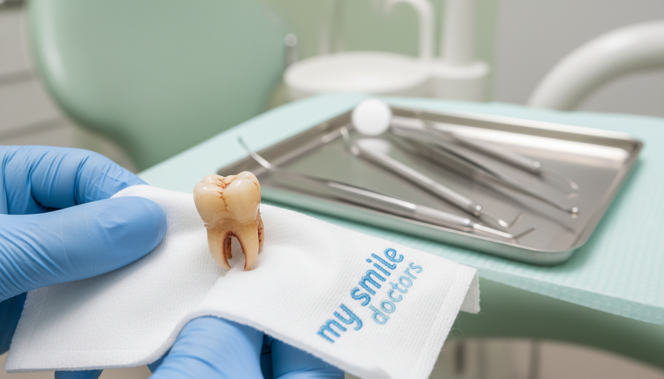 A close-up view of a knocked out tooth lying on a soft, clean dental cloth. The tooth should be depicted with a natural sheen, displaying its intricate structure with enamel details and root remnants. In the foreground, a pair of gloved hands gently handling the tooth, showcasing professionalism and care. In the middle ground, a well-organized dental tray with tools, such as tweezers and a dental mirror, surrounded by a softly blurred background of a modern dental clinic. The lighting should be bright and clinical, with a focus on the tooth, giving a sense of urgency yet professionalism in managing dental emergencies. The atmosphere is serious yet reassuring, emphasizing the importance of prompt care in situations like this. Include the brand name "my smile doctors" featured subtly on the dental cloth.