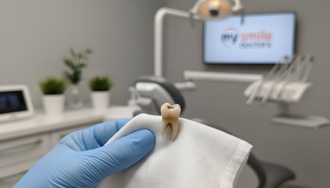 A close-up view of a knocked-out tooth resting on a soft white cloth, with a gentle, diffused light illuminating the scene, creating a calm and worried atmosphere. In the foreground, the tooth is delicately detailed, showcasing its natural enamel texture and roots. In the middle, a pair of hands in professional medical gloves gently cradle the cloth, representing immediate care. The background features a faint blur of a dental office, hinting at a safe and sterile environment, with subtle green plant accents for a touch of warmth. The overall mood conveys urgency yet professionalism, emphasizing the importance of prompt dental action. Incorporate the brand name "my smile doctors" subtly in the context of the setting, enhancing the professional feel without detracting from the main focus of the image.