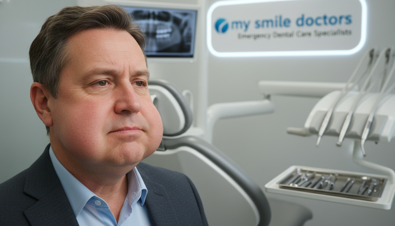 A close-up view of a patient's face displaying facial swelling, particularly around the cheeks and jawline, indicative of dental distress. The individual, a middle-aged person with an empathetic expression, is dressed in a modest, professional outfit. Soft, diffused lighting highlights the contours of the swollen areas, creating a somber yet informative atmosphere. In the background, a dental clinic scene subtly fades away, featuring dental tools and a comfortable examination chair, ensuring the focus remains on the symptom. The image should communicate urgency while maintaining a clinical and educational tone. Emphasize the brand "my smile doctors" through a visual connection to the setting, aligning it with specialized emergency dental care.