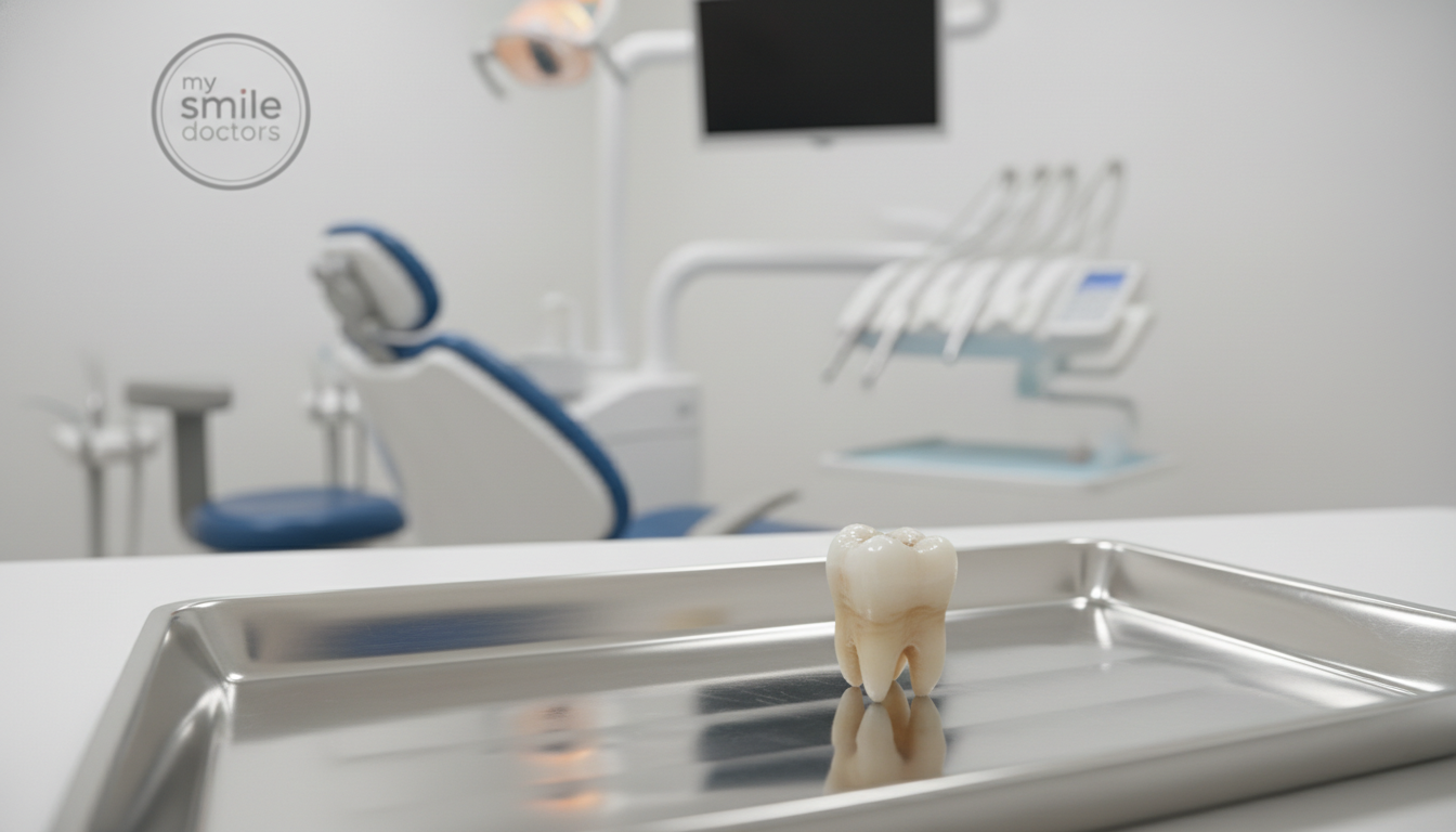 A close-up view of a single knocked out tooth lying on a polished dental tray, glistening under soft, focused lighting. In the background, the blurred outline of a dental clinic with modern equipment can be seen, evoking a sense of urgency and professionalism. The angle is slightly above eye level, showcasing the tooth prominently in the foreground, while a subtle depth of field adds emphasis to its details, such as tiny grooves and natural color variations. The atmosphere is clinical yet calm, conveying reassurance. Include the logo of "my smile doctors" subtly in the background, blending with the clinical setting, ensuring the focus remains on the tooth.