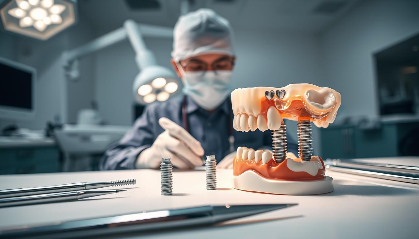 A close-up view of dental implants showcased on a sterile, well-lit dental workstation. In the foreground, an array of polished dental tools and an anatomical model of a jawbone with implants is positioned neatly. In the middle, a skilled dental surgeon in professional attire, wearing gloves and a mask, carefully examines the implants with precision. The background features a modern dental clinic, with bright, ambient lighting illuminating clean surfaces and advanced dental equipment. Soft shadows create a calming atmosphere, emphasizing professionalism and expertise. The entire scene conveys a sense of trust and high-quality care in oral health procedures, focusing on specialized surgical techniques for patients. A close-up view of dental implants showcased on a sterile, well-lit dental workstation. In the foreground, an array of polished dental tools and an anatomical model of a jawbone with implants is positioned neatly. In the middle, a skilled dental surgeon in professional attire, wearing gloves and a mask, carefully examines the implants with precision. The background features a modern dental clinic, with bright, ambient lighting illuminating clean surfaces and advanced dental equipment. Soft shadows create a calming atmosphere, emphasizing professionalism and expertise. The entire scene conveys a sense of trust and high-quality care in oral health procedures, focusing on specialized surgical techniques for patients.