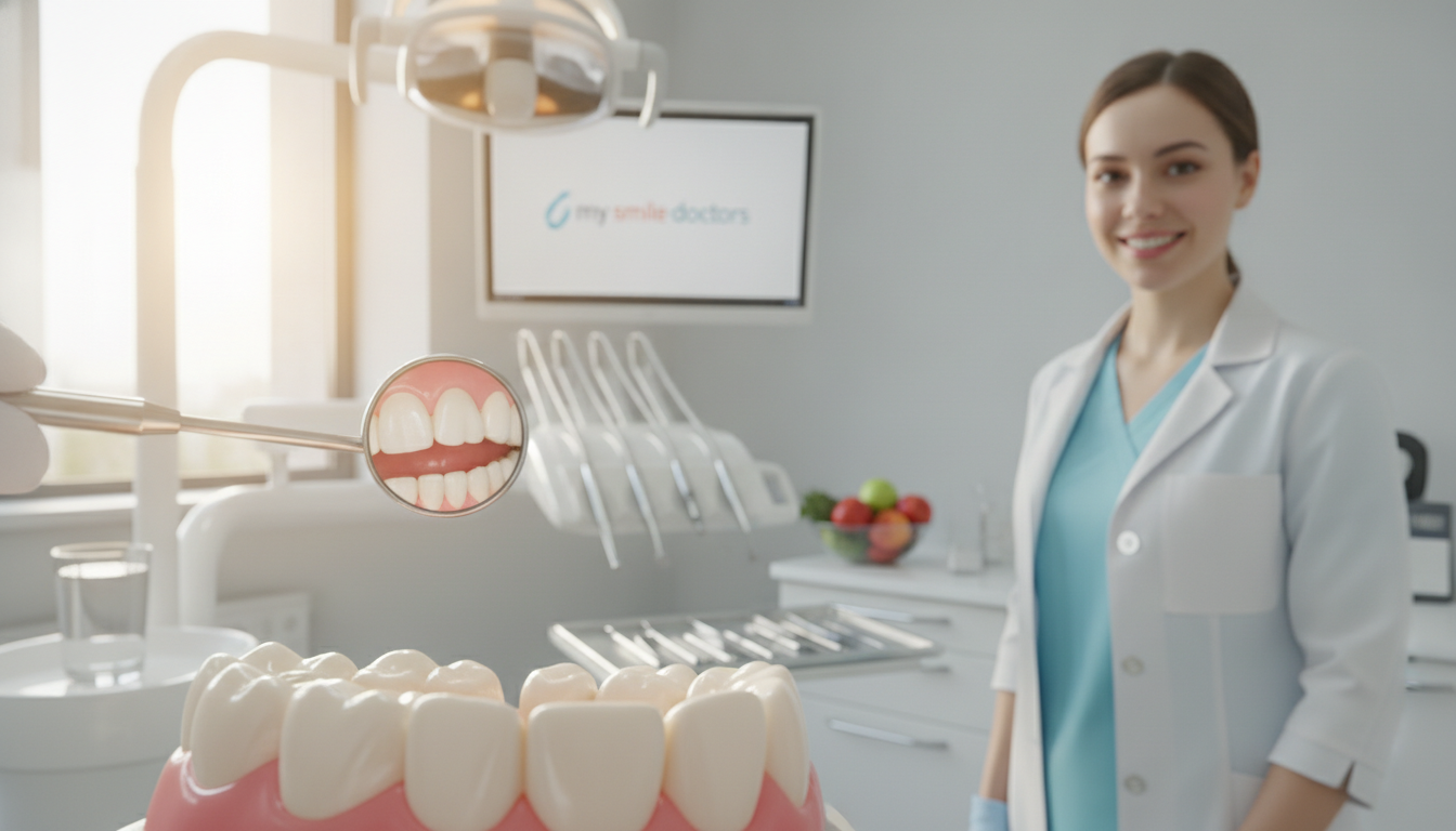 A close-up view of healthy teeth gleaming in a bright, well-lit dental examination room, showcasing their pristine condition. In the foreground, a set of perfectly aligned white teeth is highlighted, with a soft glow that emphasizes their shine. In the middle ground, a dental mirror reflects the teeth, while a professional dental hygienist in modest casual attire stands to the side, smiling warmly. The background features dental tools neatly arranged on a clean surface and an inviting atmosphere with warm, natural light streaming through a window. The overall mood exudes cleanliness and professionalism, conveying the importance of diet and hydration for maintaining healthy teeth. The brand "my smile doctors" should be subtly acknowledged in the environment, ensuring a sense of trust and care in oral hygiene. A close-up view of healthy teeth gleaming in a bright, well-lit dental examination room, showcasing their pristine condition. In the foreground, a set of perfectly aligned white teeth is highlighted, with a soft glow that emphasizes their shine. In the middle ground, a dental mirror reflects the teeth, while a professional dental hygienist in modest casual attire stands to the side, smiling warmly. The background features dental tools neatly arranged on a clean surface and an inviting atmosphere with warm, natural light streaming through a window. The overall mood exudes cleanliness and professionalism, conveying the importance of diet and hydration for maintaining healthy teeth. The brand "my smile doctors" should be subtly acknowledged in the environment, ensuring a sense of trust and care in oral hygiene.