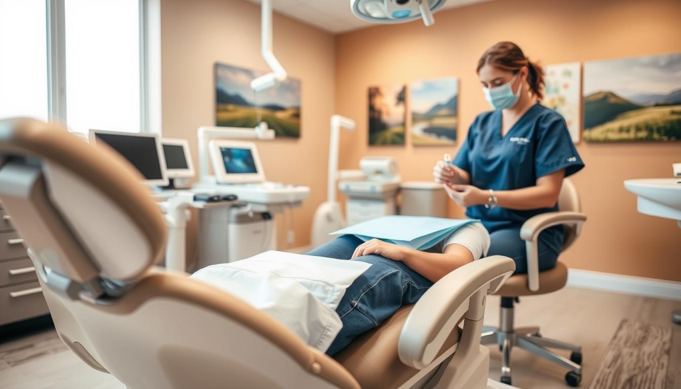 A comforting dental office setting focused on a patient receiving anaesthesia for wisdom teeth removal. In the foreground, a dental chair reclines with soft, plush cushioning, while a dental professional in scrubs prepares an anaesthesia syringe, showcasing a caring demeanor. In the middle ground, medical equipment is neatly arranged, highlighting a high-tech environment, with warm lighting creating a calming atmosphere. In the background, soft colors on the walls and comforting imagery, like serene nature prints, contribute to a peaceful feeling. The lighting is bright yet gentle, emphasizing cleanliness and reassurance. The lens captures a slight upward angle to convey a sense of safety and care. A comforting dental office setting focused on a patient receiving anaesthesia for wisdom teeth removal. In the foreground, a dental chair reclines with soft, plush cushioning, while a dental professional in scrubs prepares an anaesthesia syringe, showcasing a caring demeanor. In the middle ground, medical equipment is neatly arranged, highlighting a high-tech environment, with warm lighting creating a calming atmosphere. In the background, soft colors on the walls and comforting imagery, like serene nature prints, contribute to a peaceful feeling. The lighting is bright yet gentle, emphasizing cleanliness and reassurance. The lens captures a slight upward angle to convey a sense of safety and care.
