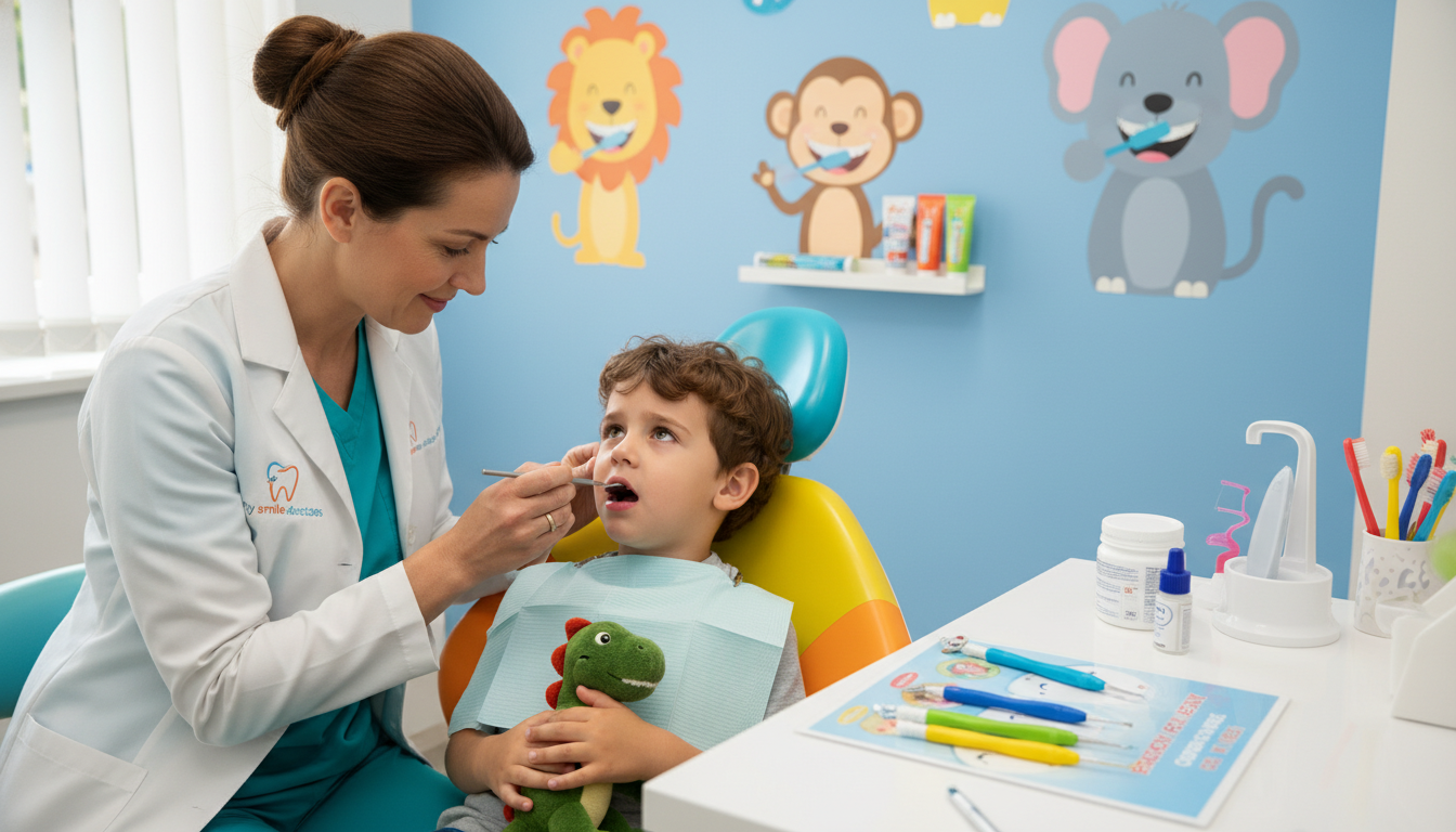 A compassionate pediatric dentist in professional attire gently examines a young child's mouth in a brightly lit, cheerful dental office. The foreground shows the child, sitting comfortably in a dental chair, with a concerned yet calm expression, while the dentist, a friendly middle-aged woman, smiles reassuringly. In the middle, dental tools and a colorful children's dental chart are visible, emphasizing the emergency care theme. The background features colorful wall decals of animals and dental hygiene products, creating a welcoming atmosphere. Soft, natural lighting illuminates the scene, enhancing the warm colors of the décor. The overall mood conveys a sense of safety and care, reflecting the importance of providing emergency dental care for children. The logo "my smile doctors" is subtly integrated into the environment without overt branding.