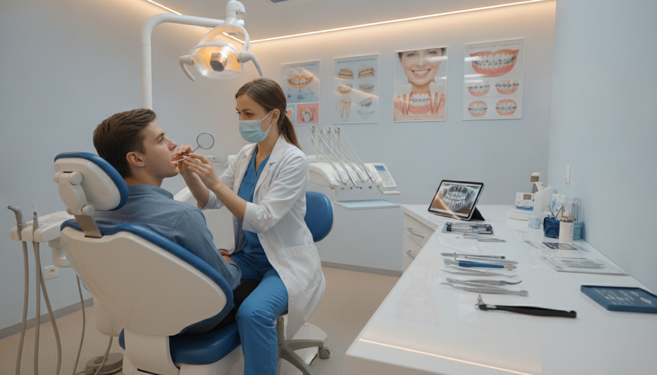 A dental clinic examination room, featuring a modern dental chair in the foreground, where a dentist in professional attire is examining a patient’s teeth. The dentist is holding a dental mirror and a light, focusing on the patient’s mouth, while the patient sits calmly with a supportive expression. In the middle, a bright, well-organized countertop displays orthodontic tools and digital imaging equipment for assessment, emphasizing a clean, sterile environment. The background features soft, clinical colors with posters of teeth and orthodontal braces on the walls, enhancing the atmosphere of professional care. The scene is illuminated by soft, warm LED lighting, creating a welcoming and reassuring ambiance, shot from a slightly elevated angle to capture both the dentist’s focused expression and the intricate details of the tools used in the assessment. A dental clinic examination room, featuring a modern dental chair in the foreground, where a dentist in professional attire is examining a patient’s teeth. The dentist is holding a dental mirror and a light, focusing on the patient’s mouth, while the patient sits calmly with a supportive expression. In the middle, a bright, well-organized countertop displays orthodontic tools and digital imaging equipment for assessment, emphasizing a clean, sterile environment. The background features soft, clinical colors with posters of teeth and orthodontal braces on the walls, enhancing the atmosphere of professional care. The scene is illuminated by soft, warm LED lighting, creating a welcoming and reassuring ambiance, shot from a slightly elevated angle to capture both the dentist’s focused expression and the intricate details of the tools used in the assessment.