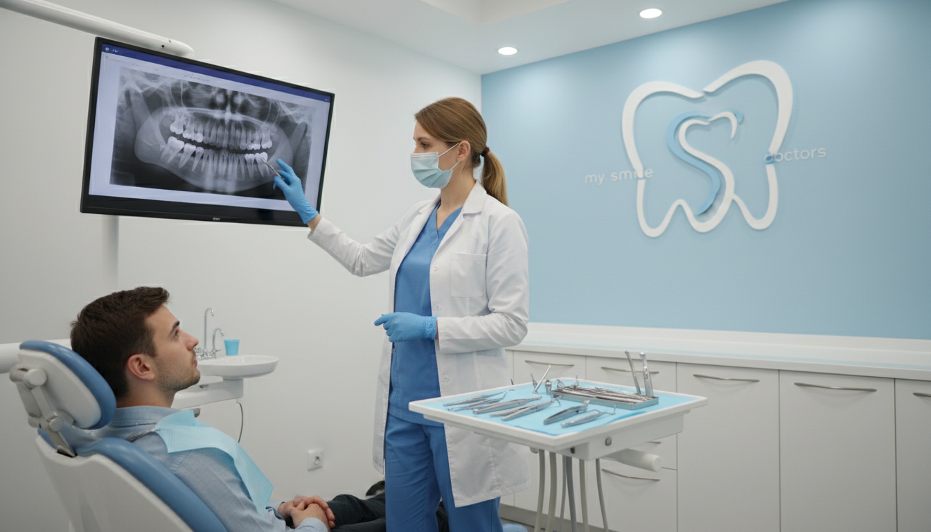 A dental clinic interior scene featuring a modern, bright examination room with dental equipment neatly arranged. In the foreground, a dentist in professional attire, wearing a mask and gloves, carefully examines a patient's dental X-ray on a screen, illustrating the process of an emergency dental extraction. In the middle ground, a dental chair with a sterile setup and tools like extraction forceps and suction devices prominently displayed. The background showcases calming blue and white color tones, with soft lighting from ceiling fixtures creating an inviting atmosphere. The brand name "my smile doctors" is subtly represented in decor without being text; it can be seen in the design of a dental cabinet. The mood is reassuring and professional, emphasizing quality care in urgent situations.
