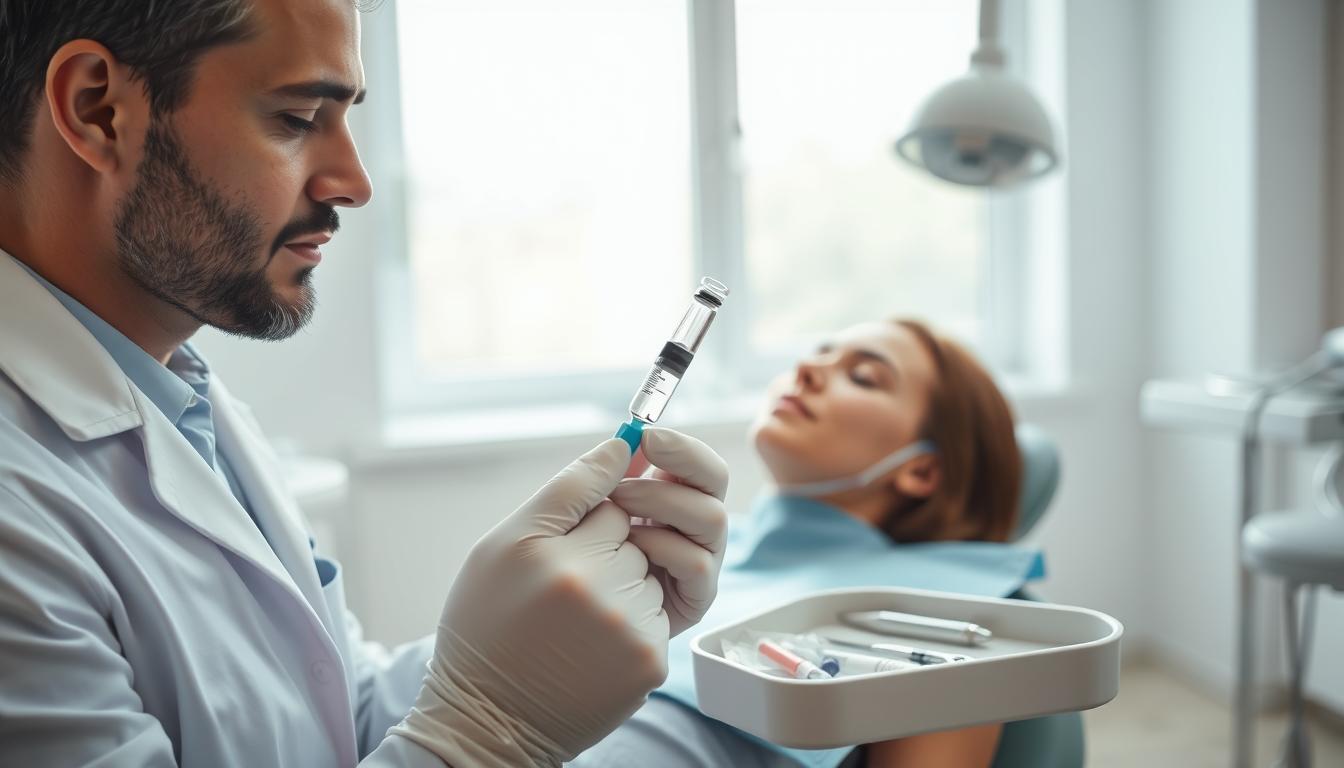 A dental clinic scene illustrating effective numbing techniques for tooth extraction. In the foreground, a well-groomed dentist, dressed in a crisp white coat and gloves, is skillfully preparing a syringe filled with a clear local anesthetic solution. Their focused expression conveys professionalism and care. In the middle ground, a patient reclined in a dental chair wears a calm demeanor, with a soft blue bib draped over them. The dentist's tools and tray, neatly organized, sit nearby. In the background, a bright, sterile clinic ambiance is enhanced by soft, natural light streaming through large windows, creating a serene atmosphere. The overall mood is one of gentle reassurance and expertise, emphasizing modern dental practices in a comforting environment. A dental clinic scene illustrating effective numbing techniques for tooth extraction. In the foreground, a well-groomed dentist, dressed in a crisp white coat and gloves, is skillfully preparing a syringe filled with a clear local anesthetic solution. Their focused expression conveys professionalism and care. In the middle ground, a patient reclined in a dental chair wears a calm demeanor, with a soft blue bib draped over them. The dentist's tools and tray, neatly organized, sit nearby. In the background, a bright, sterile clinic ambiance is enhanced by soft, natural light streaming through large windows, creating a serene atmosphere. The overall mood is one of gentle reassurance and expertise, emphasizing modern dental practices in a comforting environment.