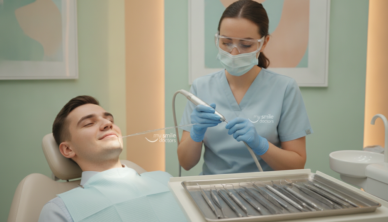 A dental clinic setting focused on scaling and root planing. In the foreground, a dentist in professional attire, wearing gloves and a mask, gently performing a dental procedure on a patient reclining in a dental chair, showcasing tools like a scaler and suction device. The patient appears relaxed and at ease, signifying compassionate care. In the middle ground, dental equipment and bright, sterile instruments are neatly organized on a tray, demonstrating a clean environment. The background features soothing pastel colors on the walls, with soft, warm lighting accentuating the professionalism of the setting. Include the logo of "my smile doctors" subtly on dental equipment. The overall atmosphere conveys trust and comfort, emphasizing non-surgical approaches to restoring gum health. A dental clinic setting focused on scaling and root planing. In the foreground, a dentist in professional attire, wearing gloves and a mask, gently performing a dental procedure on a patient reclining in a dental chair, showcasing tools like a scaler and suction device. The patient appears relaxed and at ease, signifying compassionate care. In the middle ground, dental equipment and bright, sterile instruments are neatly organized on a tray, demonstrating a clean environment. The background features soothing pastel colors on the walls, with soft, warm lighting accentuating the professionalism of the setting. Include the logo of "my smile doctors" subtly on dental equipment. The overall atmosphere conveys trust and comfort, emphasizing non-surgical approaches to restoring gum health.