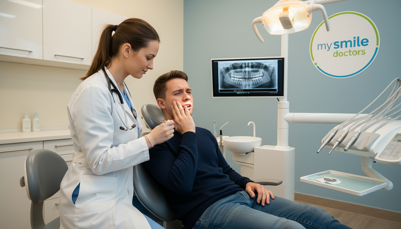 A dental emergency scene in a modern clinic setting, focusing on a patient in a dental chair displaying facial discomfort due to tooth sensitivity. The foreground features the patient, a young adult in smart casual attire, visibly anxious but hopeful. In the middle ground, a dentist in a crisp white coat with a stethoscope examines the patient's mouth with a dental light shining brightly, highlighting the urgency of the situation. The background showcases a well-organized dental office with dental equipment and soft, soothing colors. The lighting is warm yet clinical, creating a balanced atmosphere of professionalism and compassion. The clinic has the logo of "my smile doctors" subtly displayed on an office wall. The mood is tense but with an underlying sense of care and expertise.